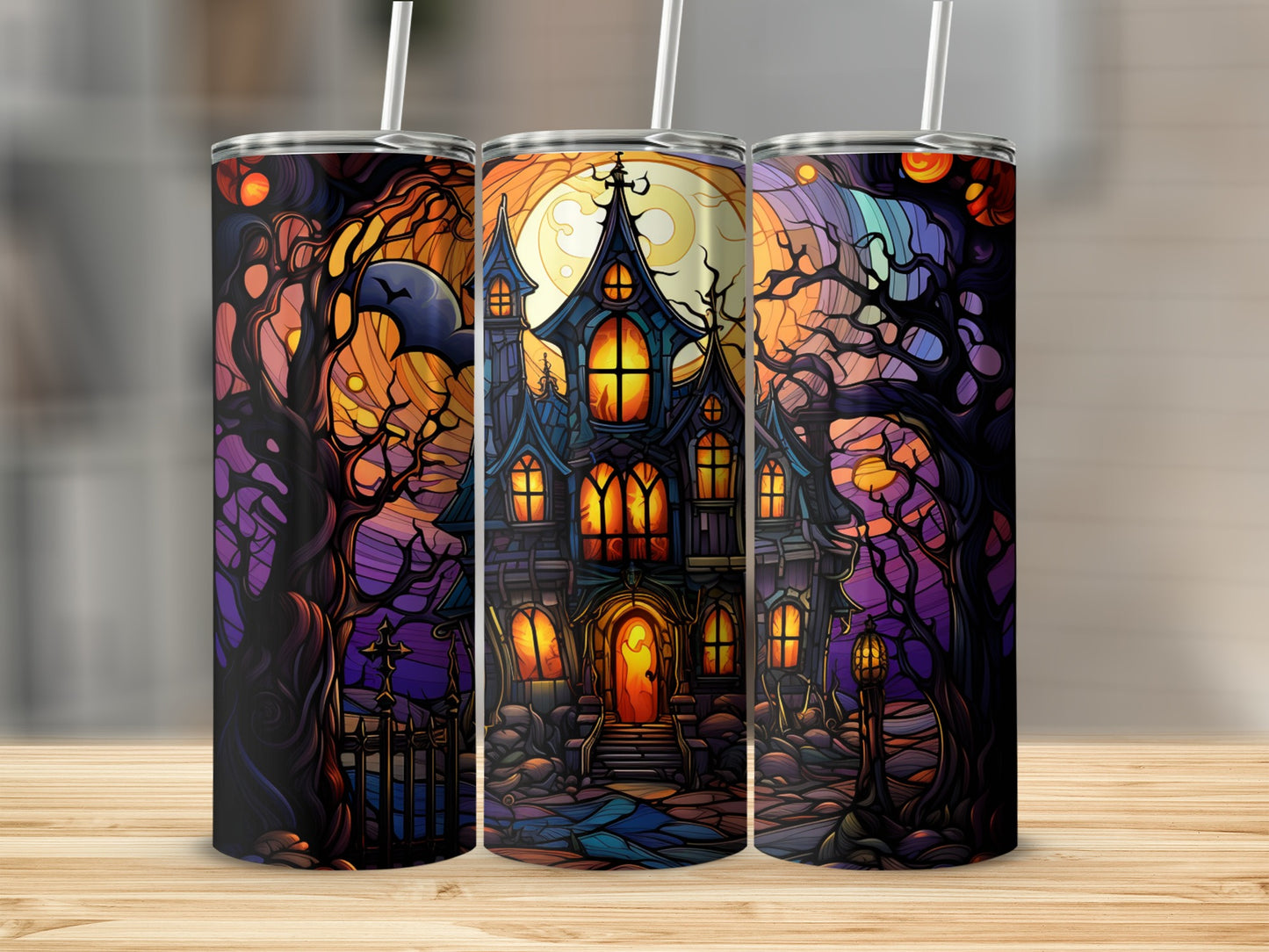 Spooky haunted house with moon, trees, and cobblestone path.