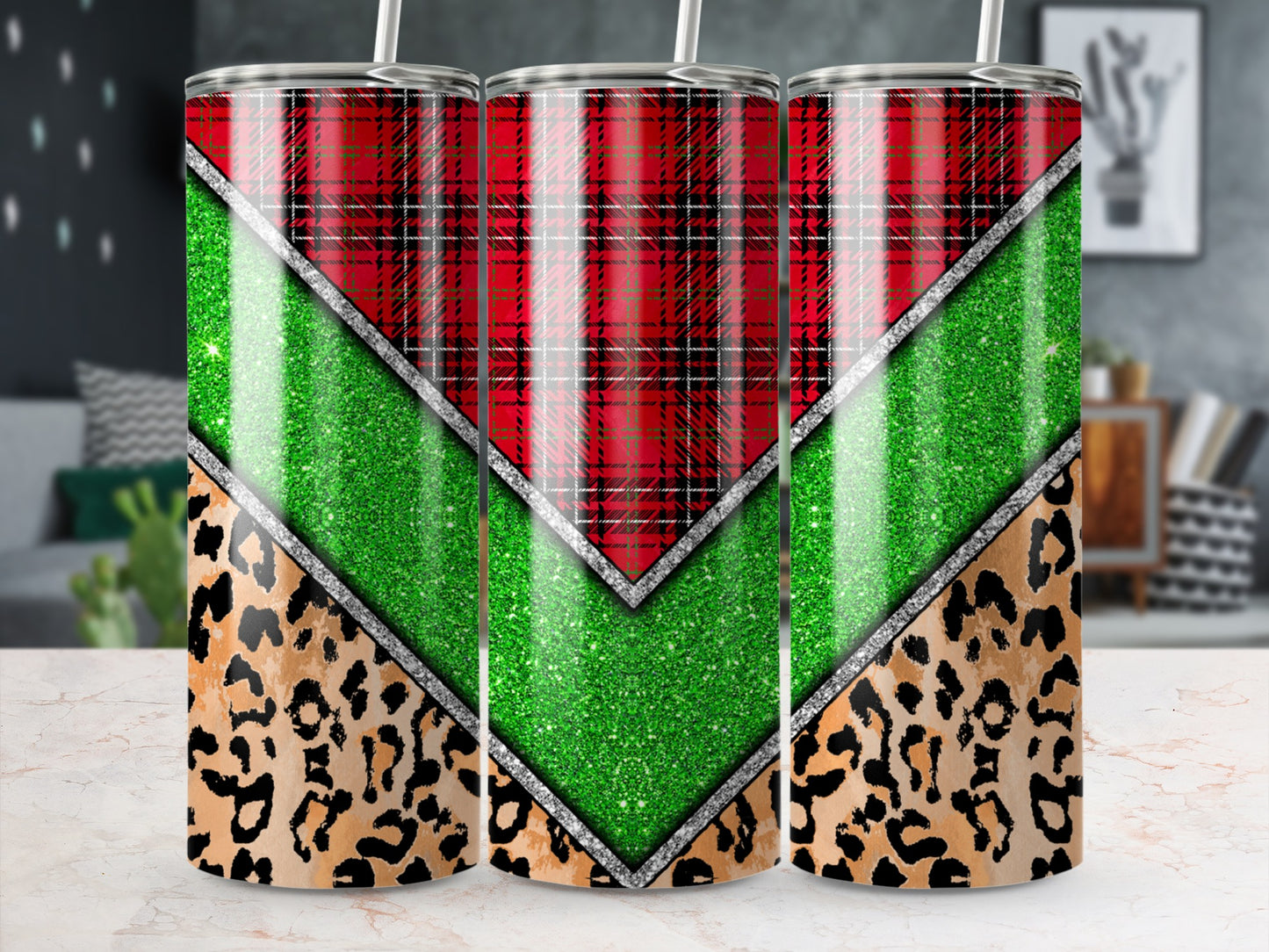 T tumblers with plaid, glitter, and leopard print designs.