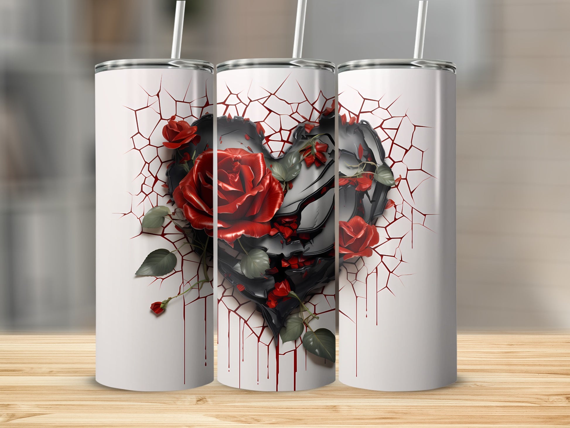 Red Rose Heart and Crack Design Tumbler Product