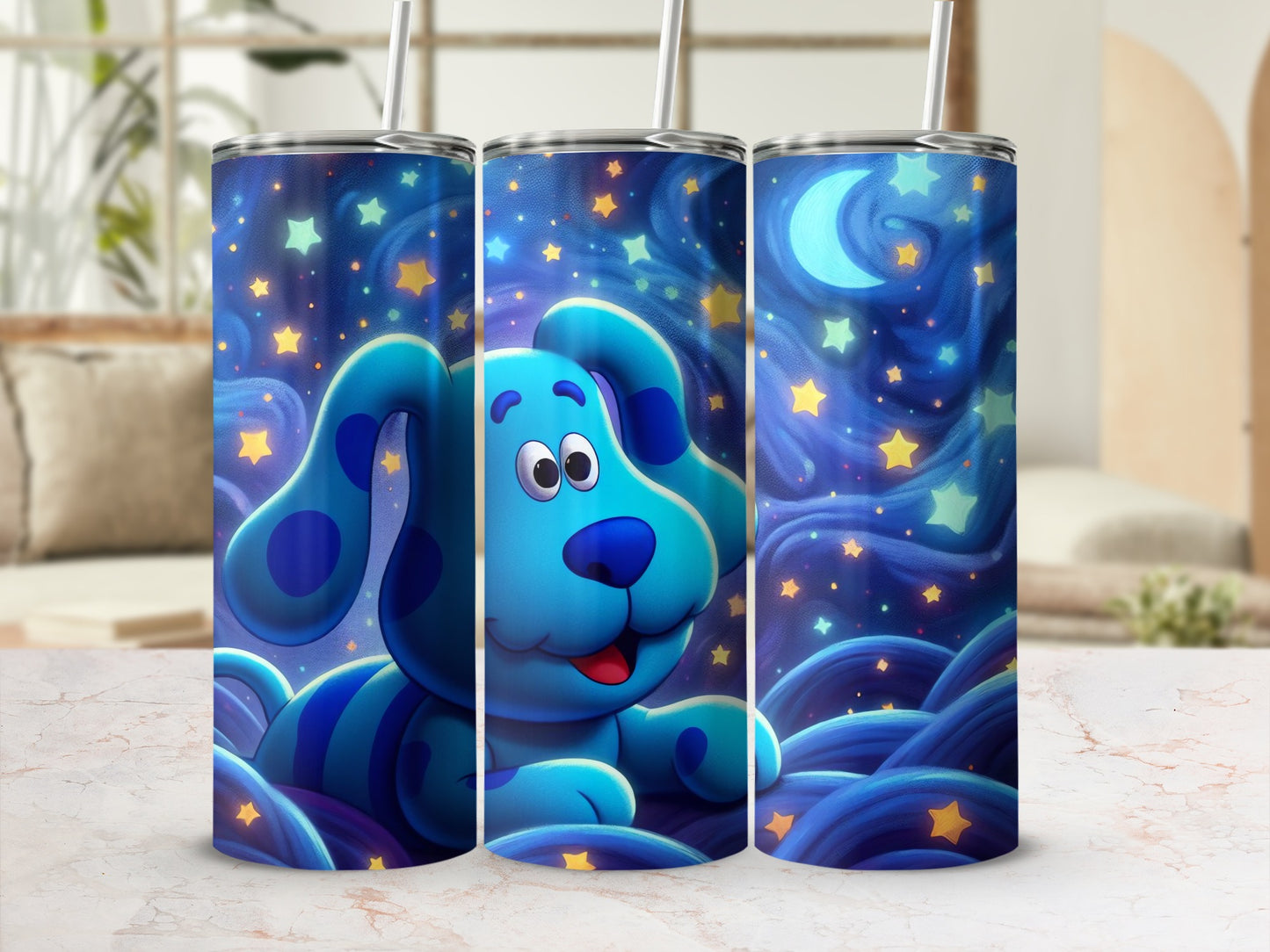 Blue Cartoon Dog and Stars Tumbler Cup with Lid