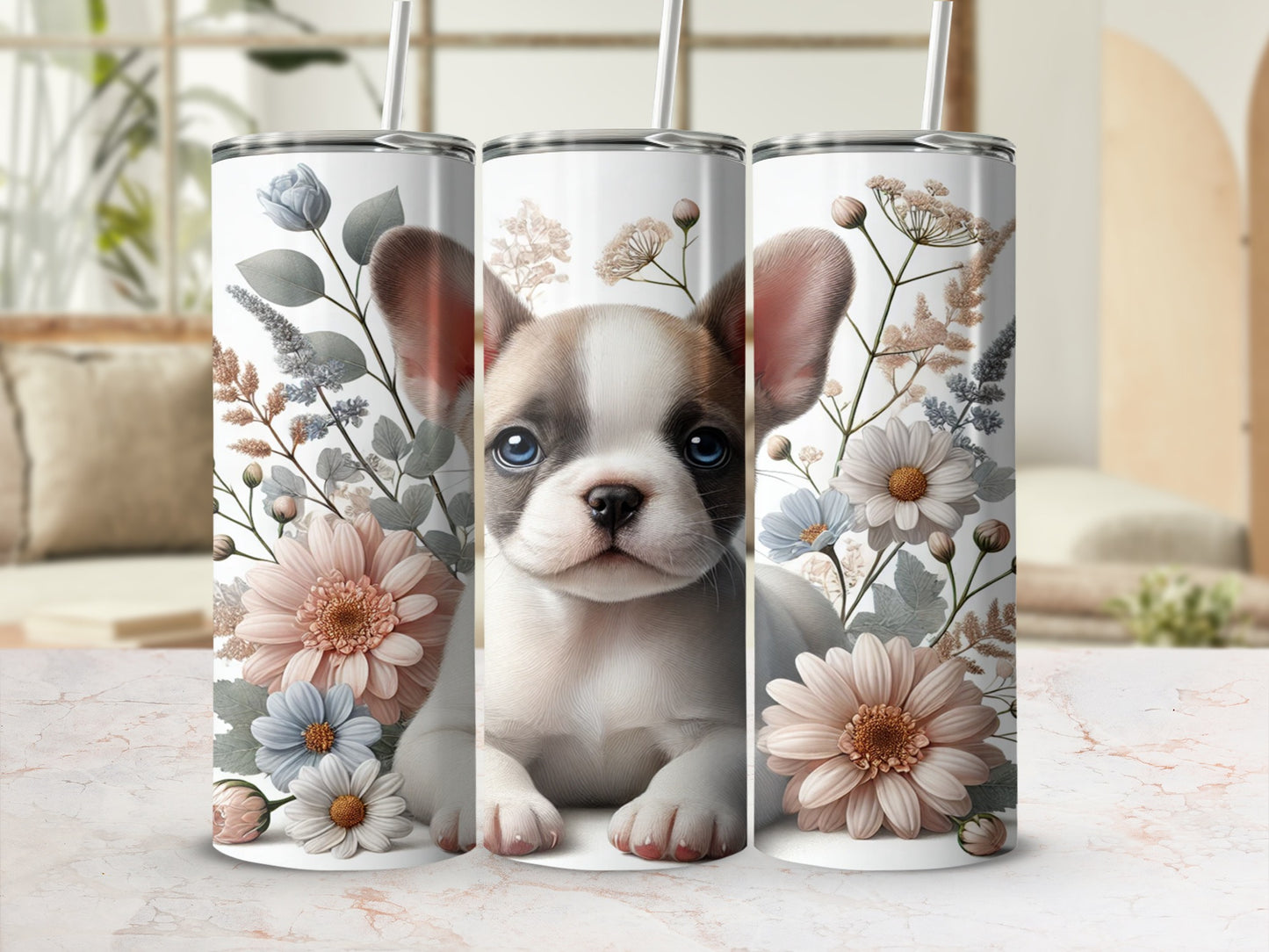 Adorable Puppy with Floral Design Insulated Tumbler
