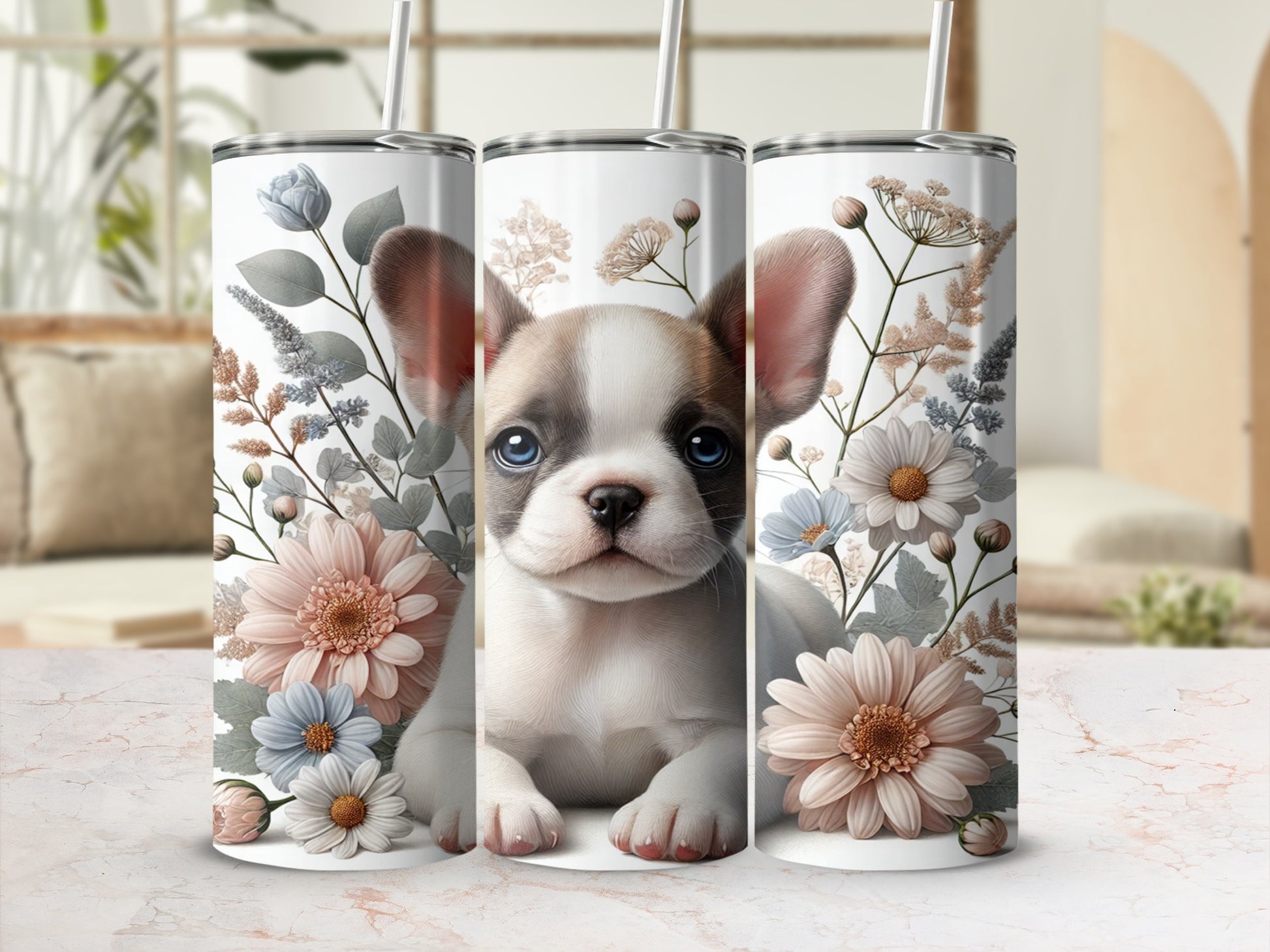 Adorable Puppy with Floral Design Insulated Tumbler