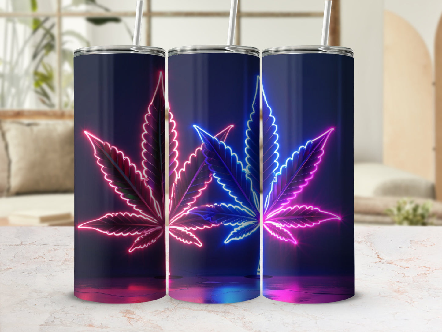 Three tumblers with neon cannabis leaf designs in pink and blue.