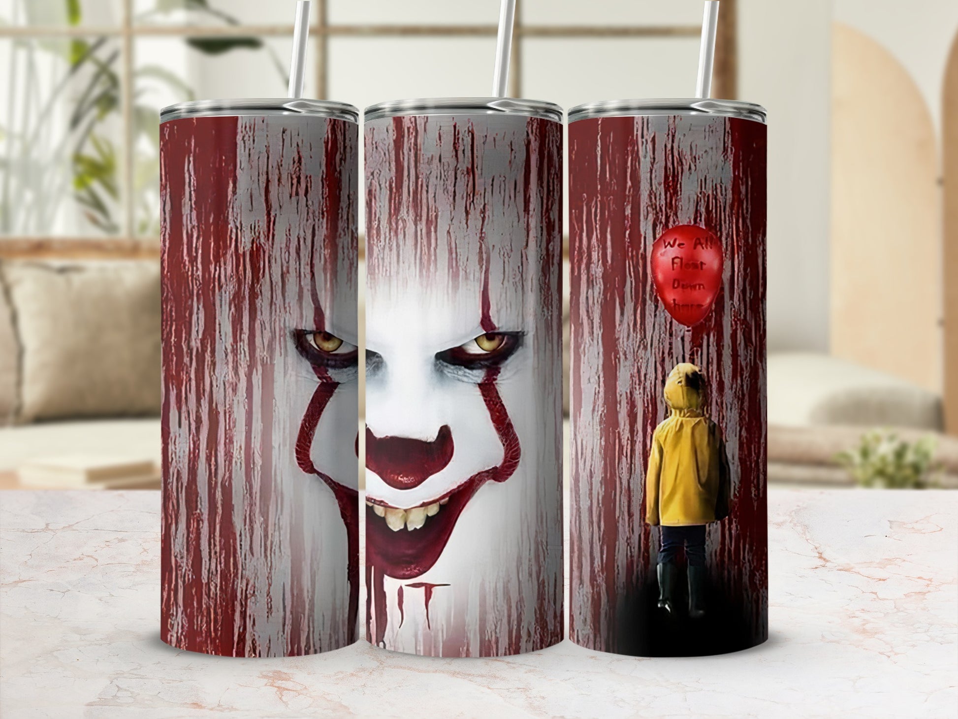 Three tumblers featuring Pennywise the clown and Georgie with a red balloon.