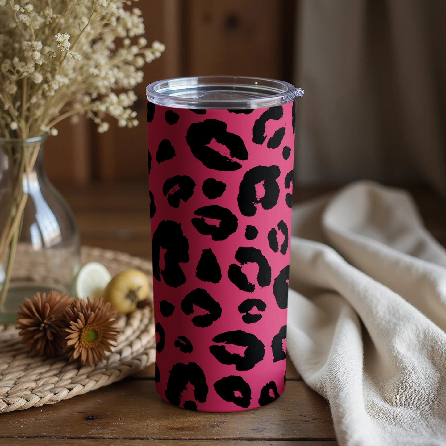 Pink Tumbler with Black Leopard Print Travel Mug
