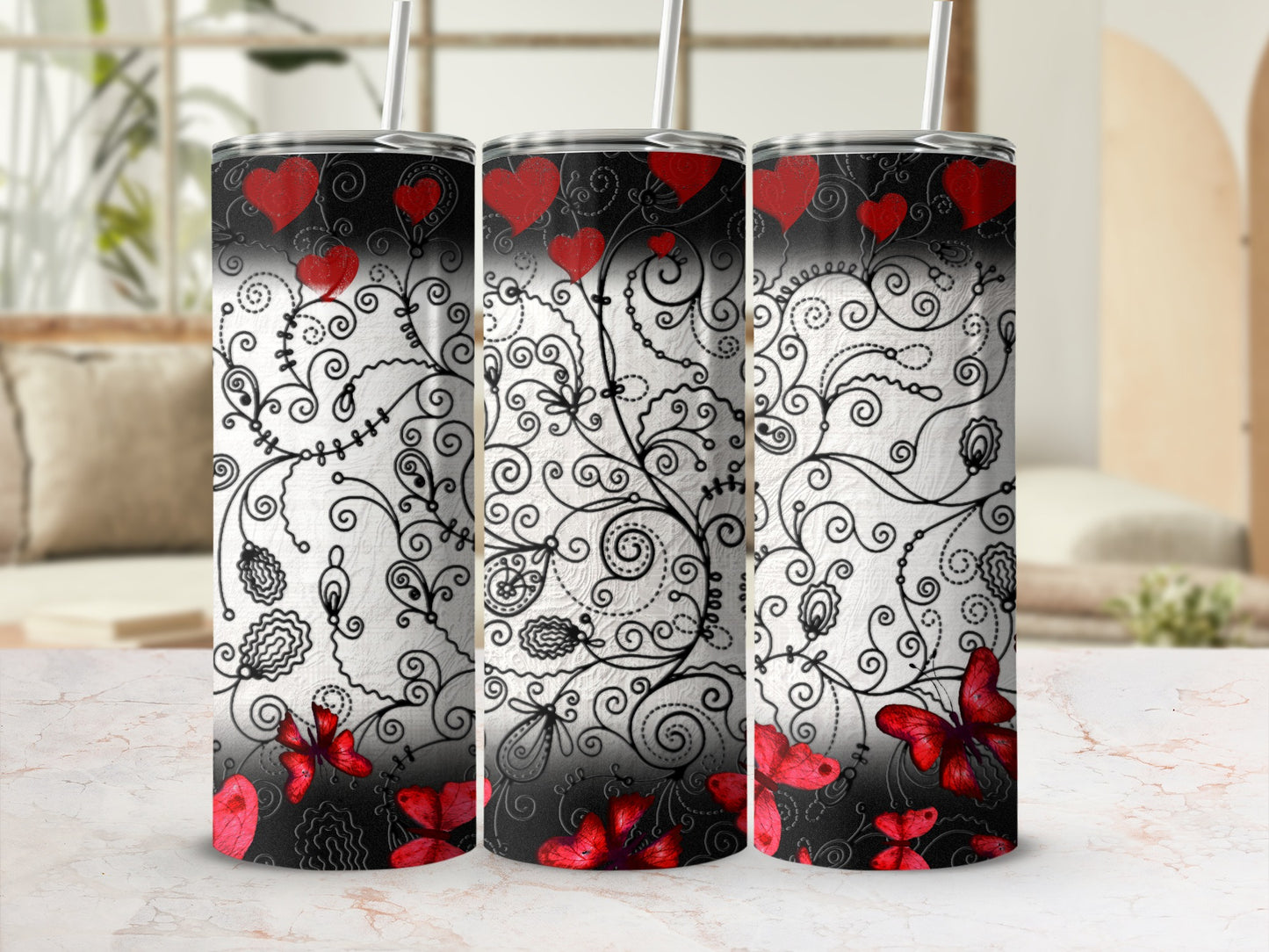 Black White Swirl Red Hearts Butterflies Tumbler product type