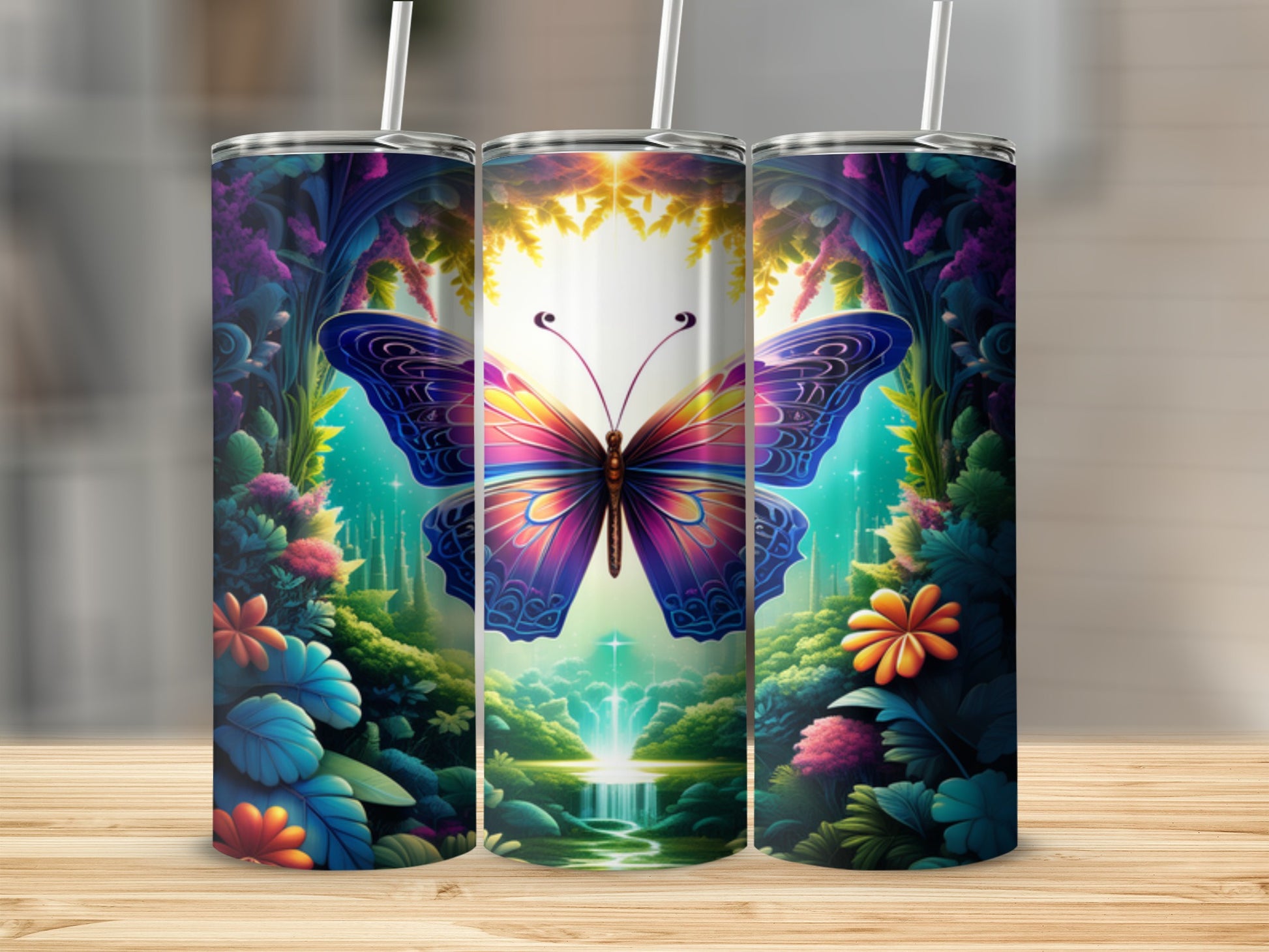 Three tumblers with a vibrant butterfly and magical forest scene.
