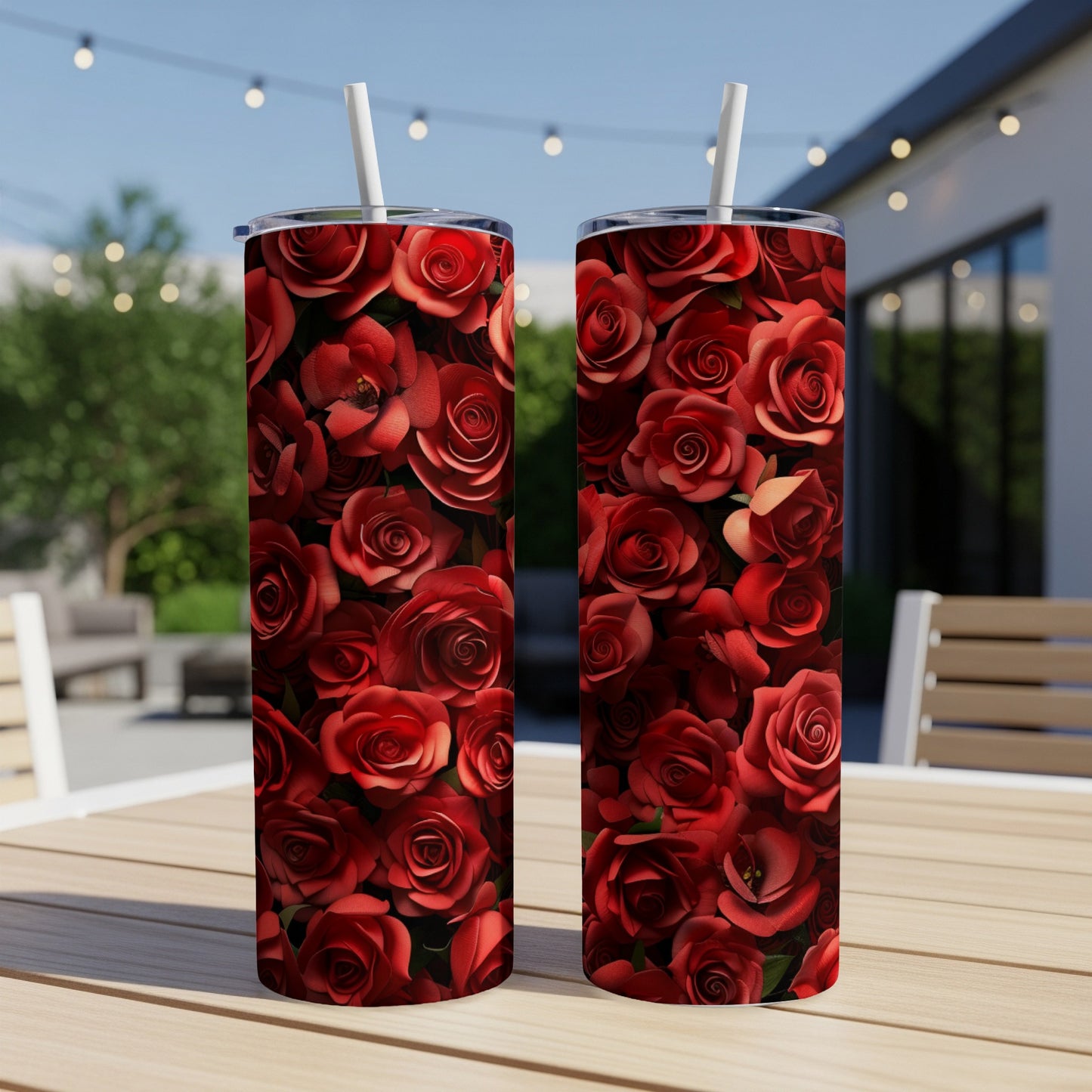Two tumblers covered in a repeating pattern of vibrant red roses.