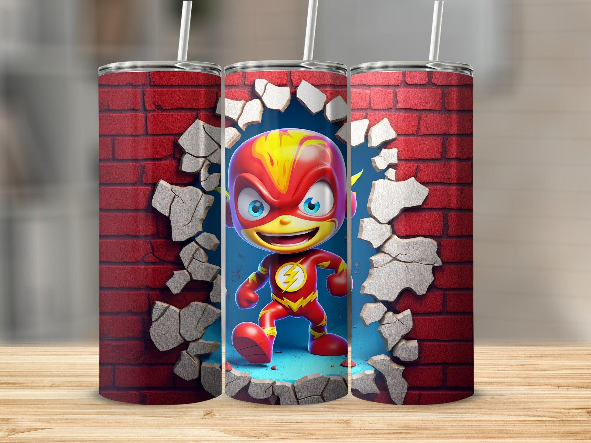 Kid Superhero Breaking Brick Wall Design Tumbler