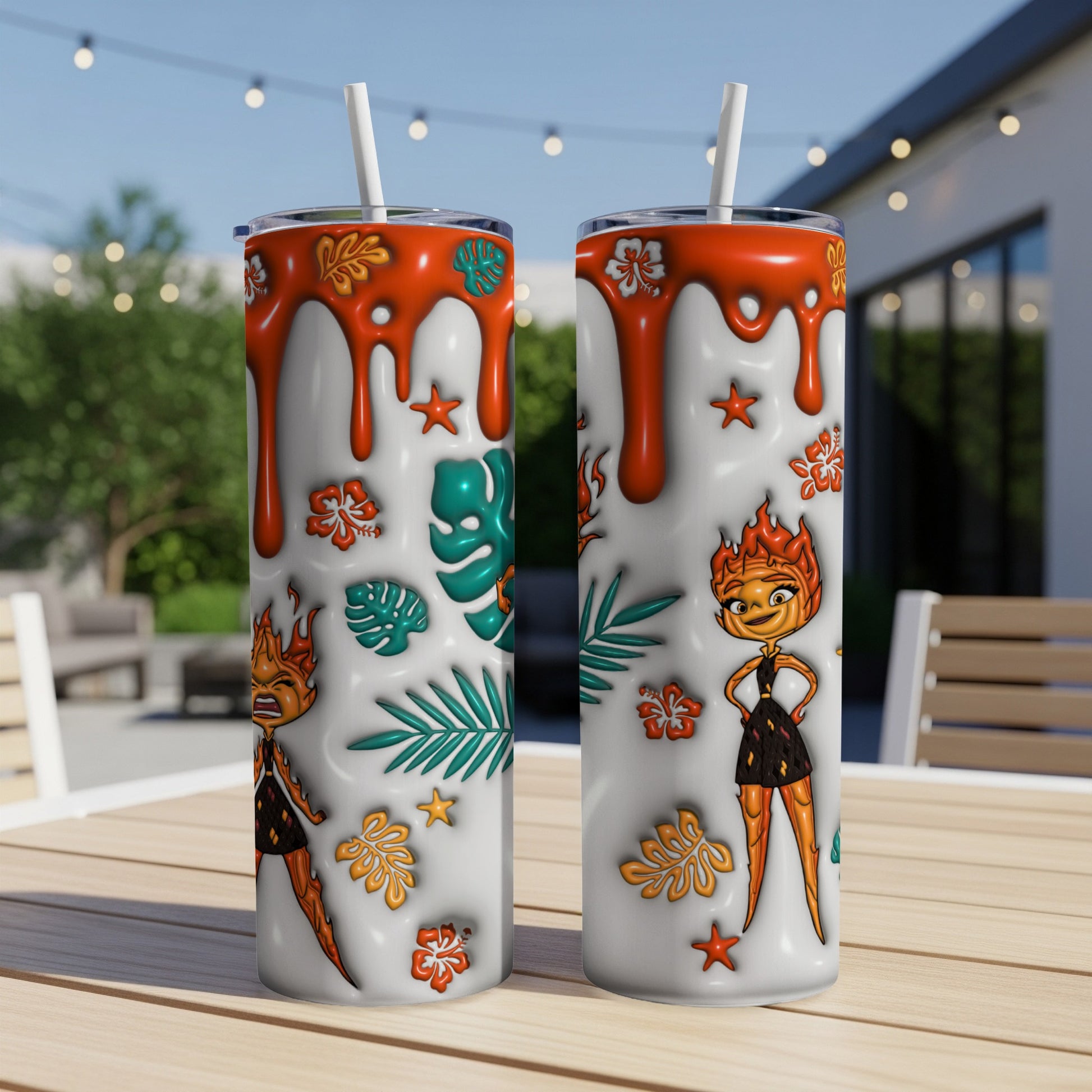Two white tumblers with a cartoon fire girl and tropical leaves design.