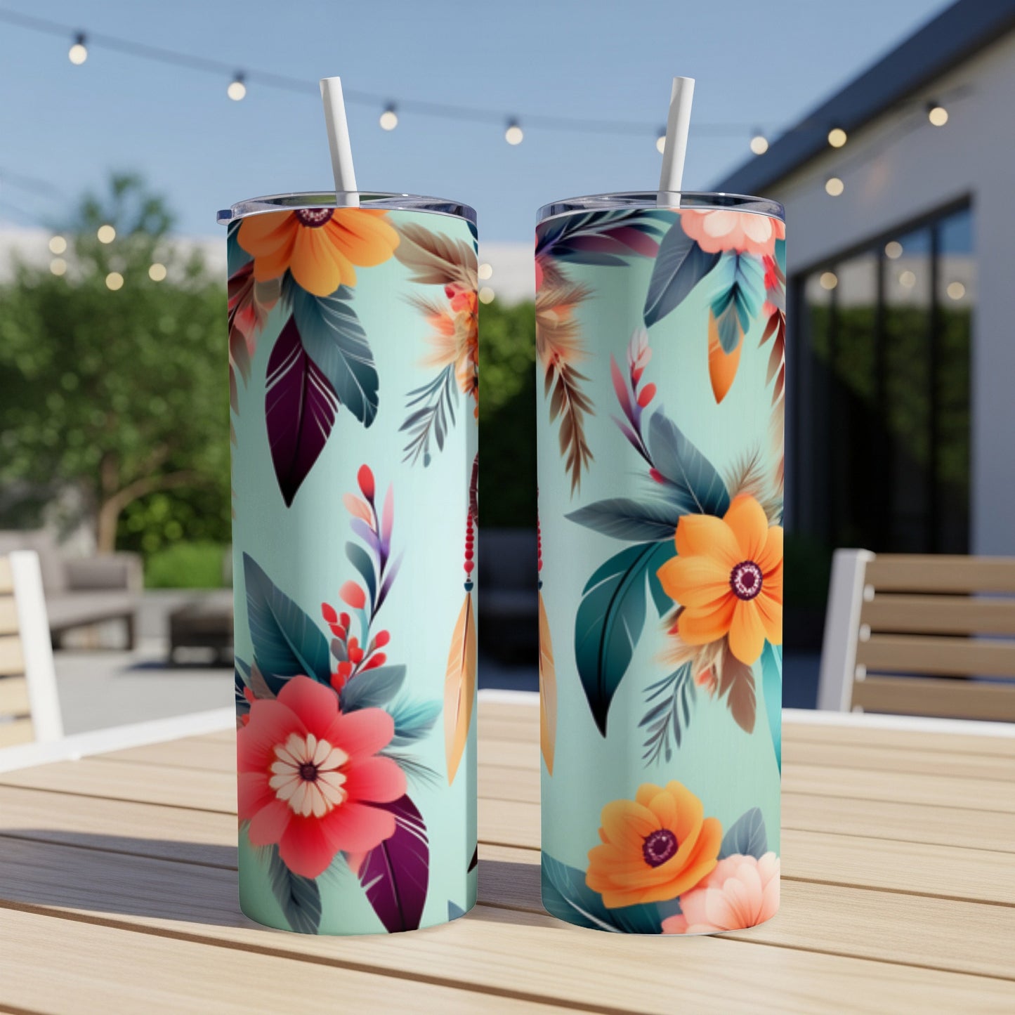 Two mint green tumblers with floral and feather designs sit on a table.