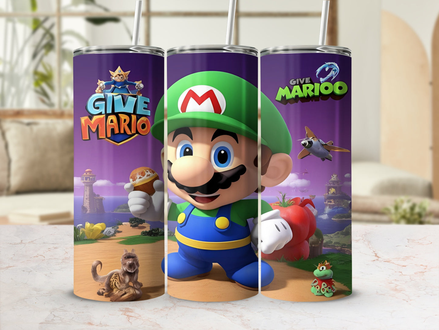 Give Mario tumbler with Mario character and game elements.