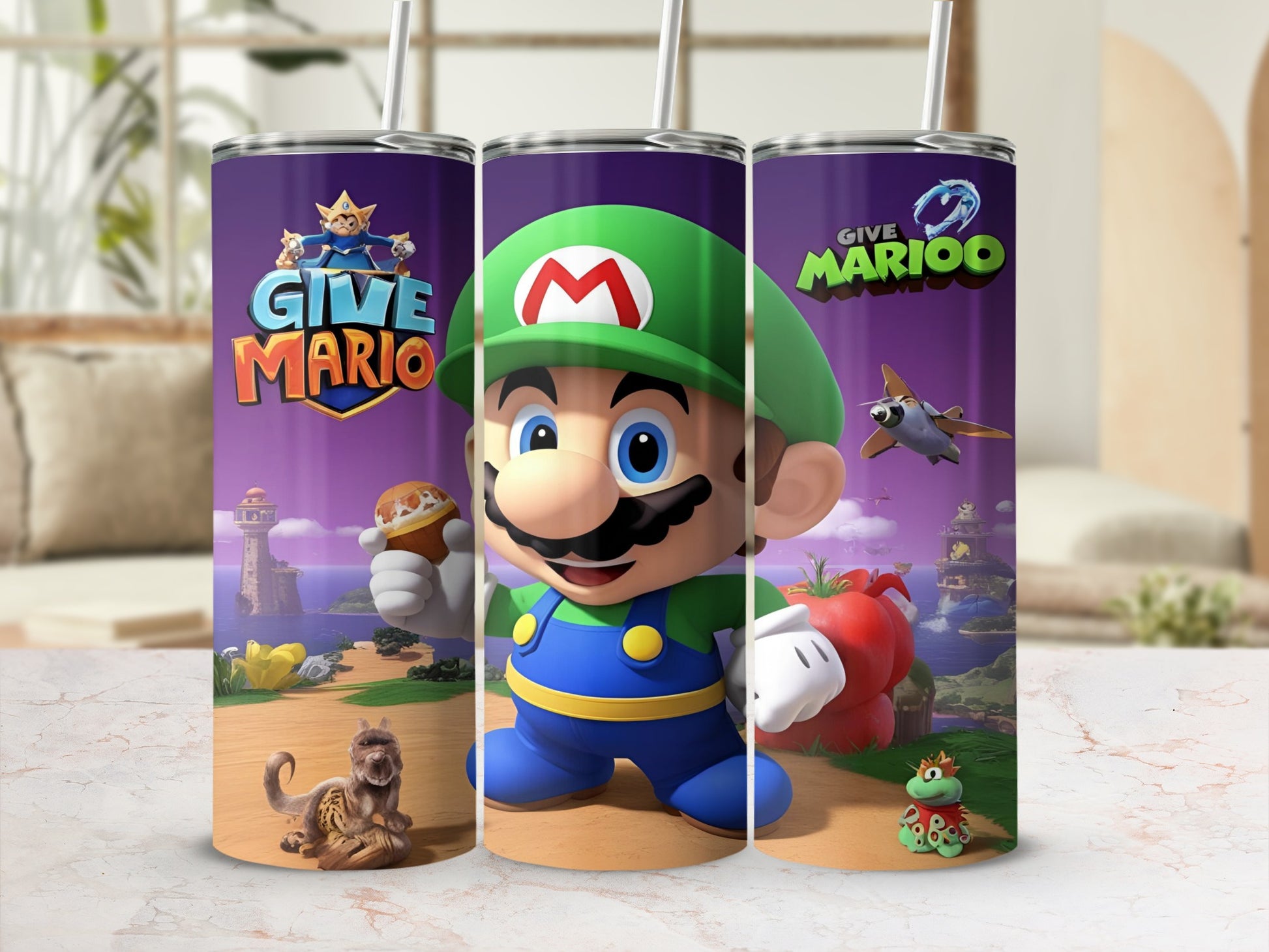 Give Mario tumbler with Mario character and game elements.