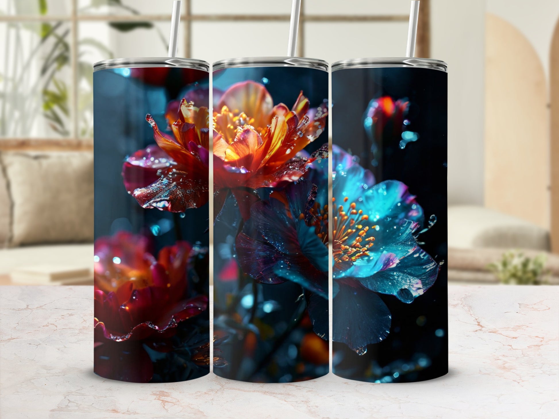 Three tumblers with colorful floral designs and straw.