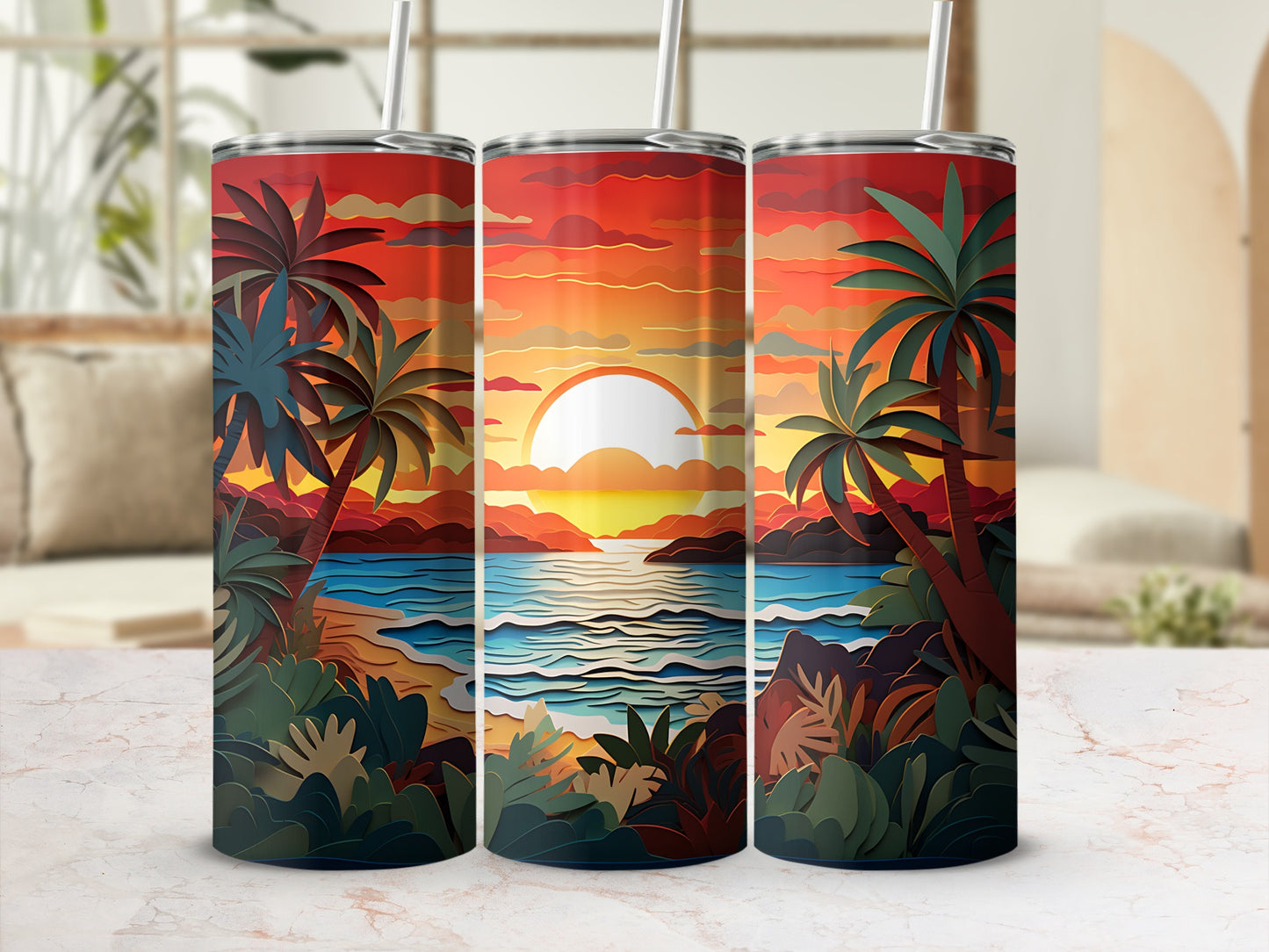 Three tumblers with tropical sunset beach scene and palm trees.