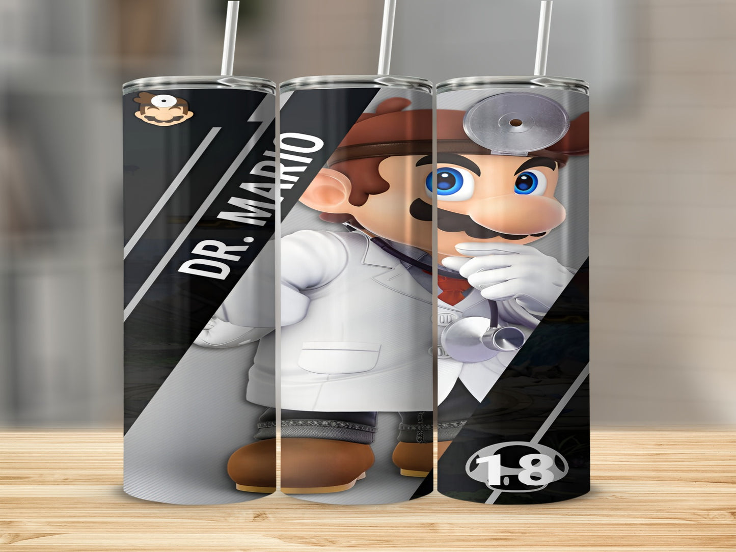 Dr. Mario character on a silver tumbler with white stripes and a stethoscope.