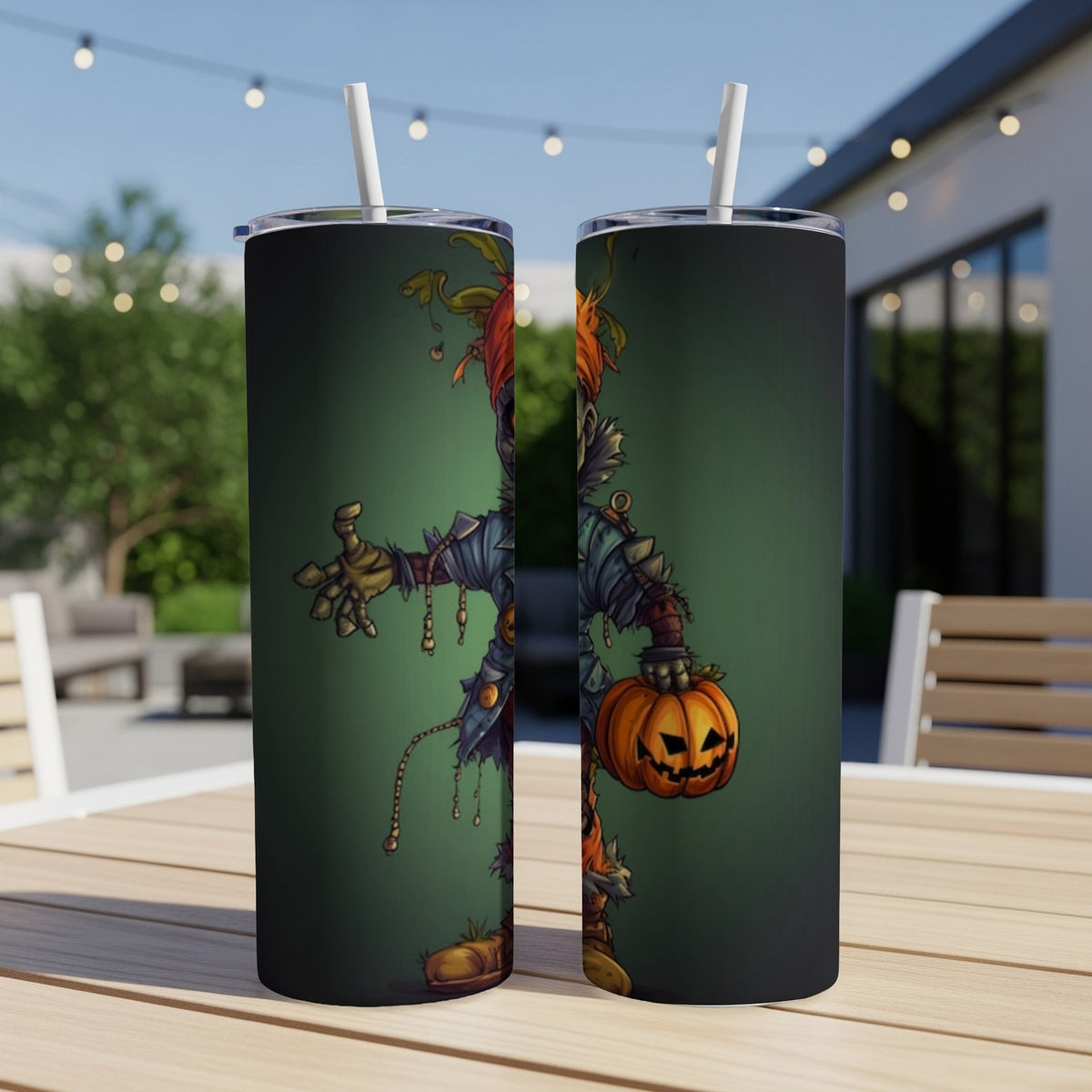 Two tumblers with a spooky scarecrow and pumpkin design.