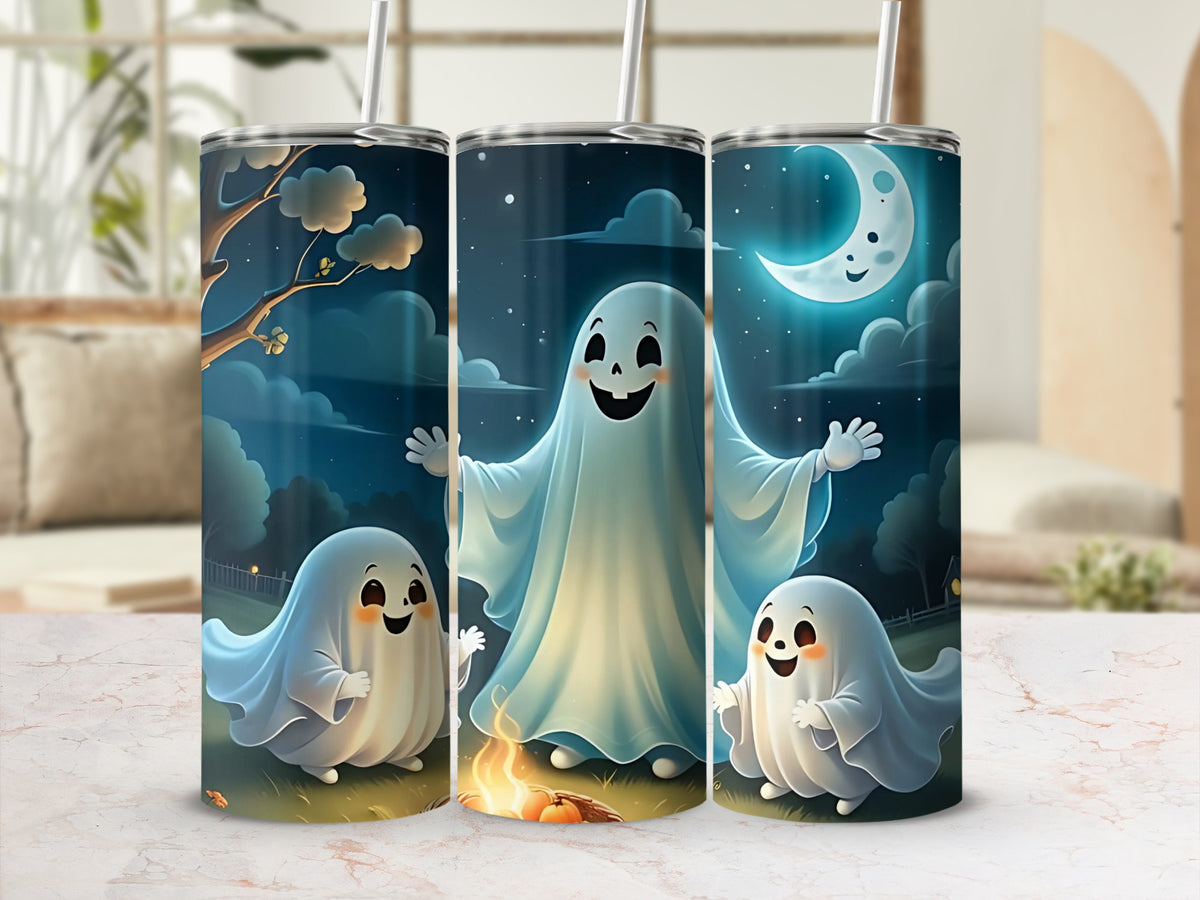 Three tumblers featuring smiling ghosts around a campfire under a crescent moon.