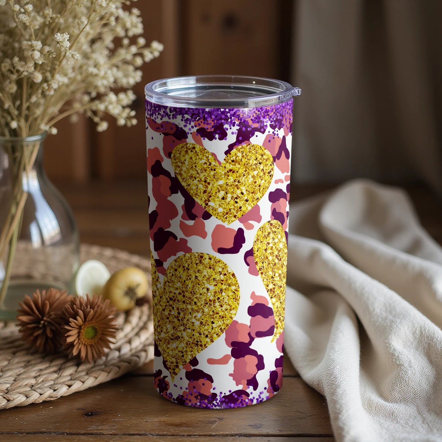 Vibrant Hearts and Camo Patterned Tumbler Cup