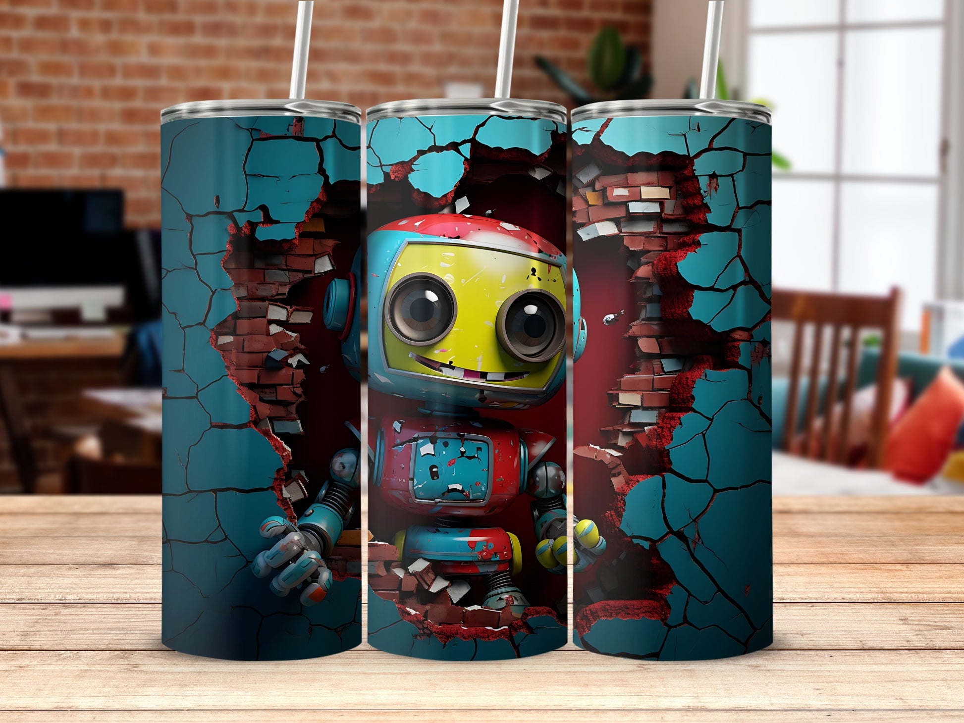 Cute Robot Breaking Through Brick Wall Art tumbler