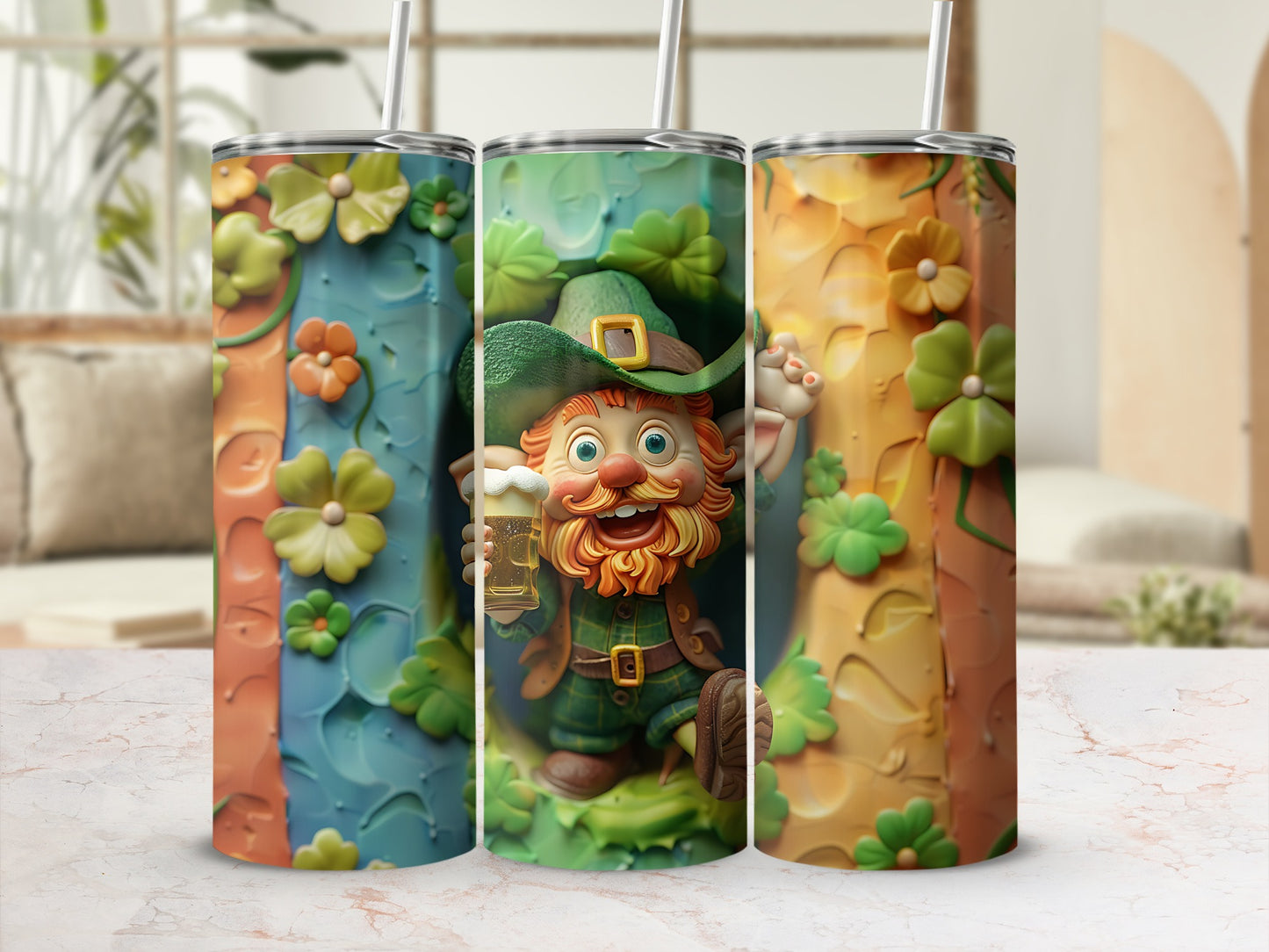 Leprechaun holding beer mug against a tree trunk with flowers.