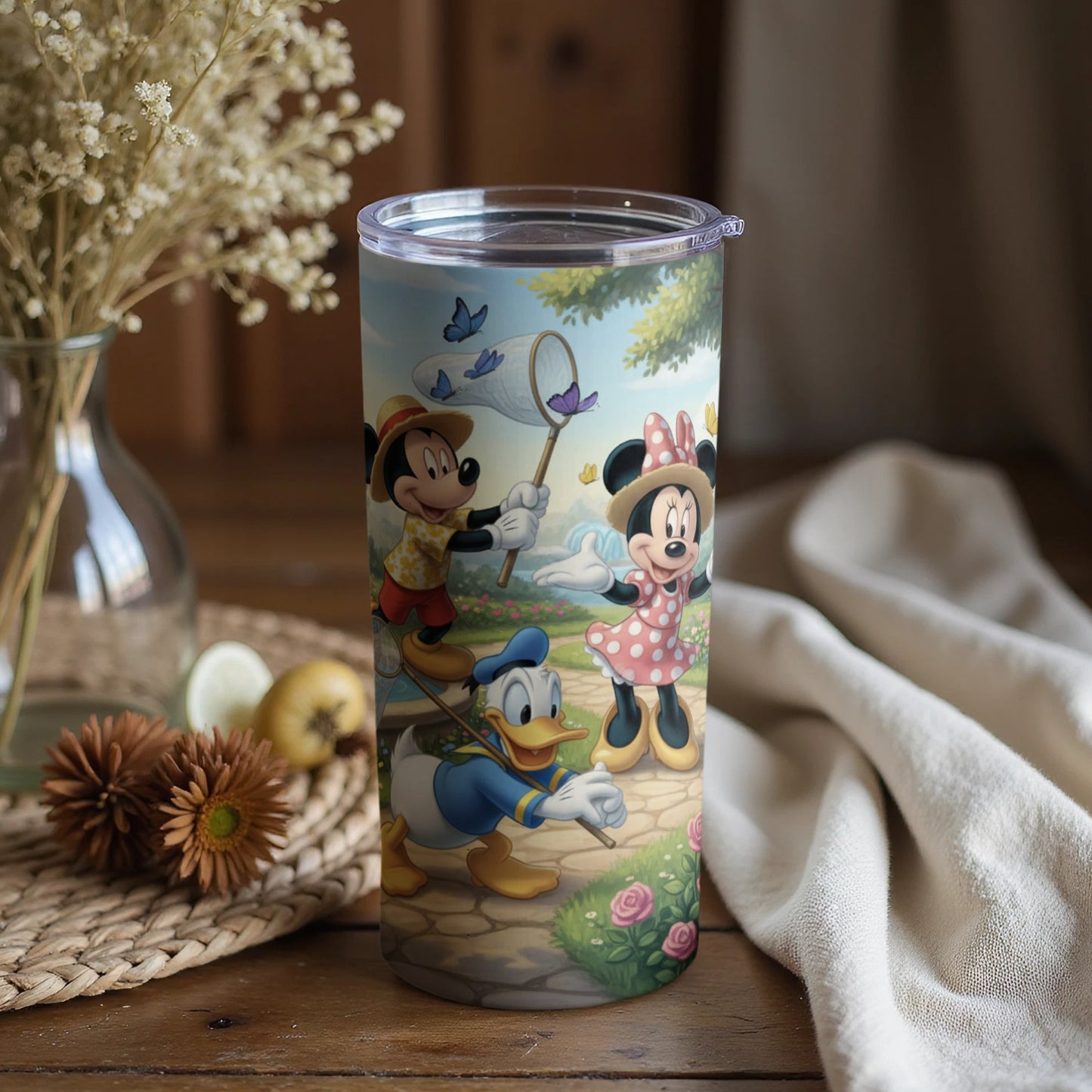 Mickey Minnie and Donald Butterfly Catching Tumbler