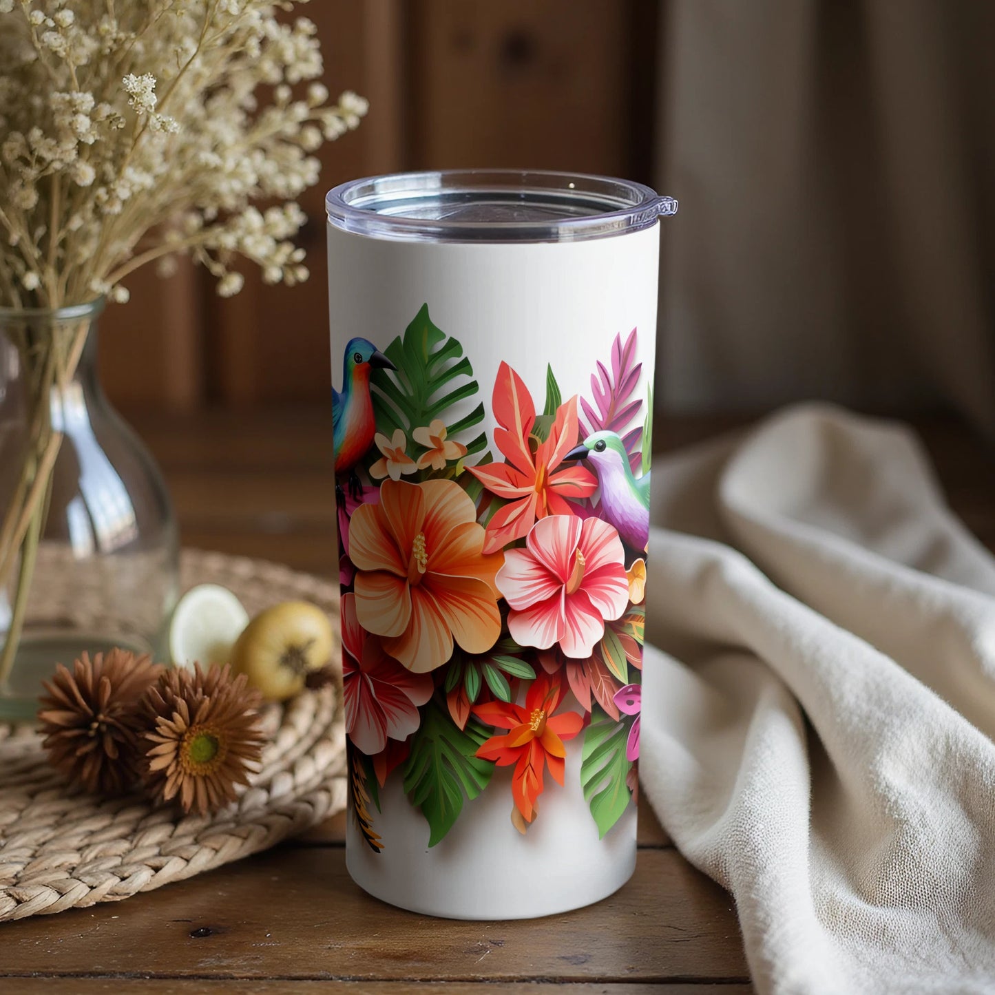 Tropical Flower and Bird Design Insulated Tumbler