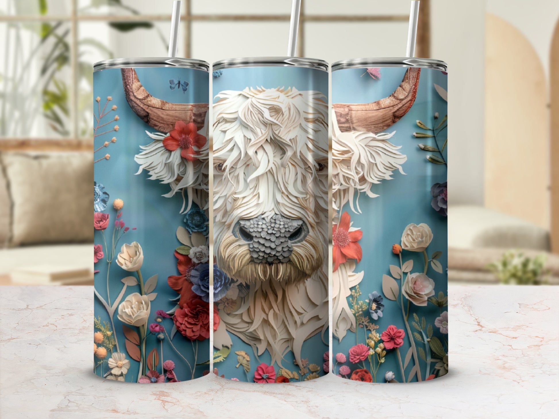 Highland cow surrounded by colorful paper flowers and greenery on a blue background.