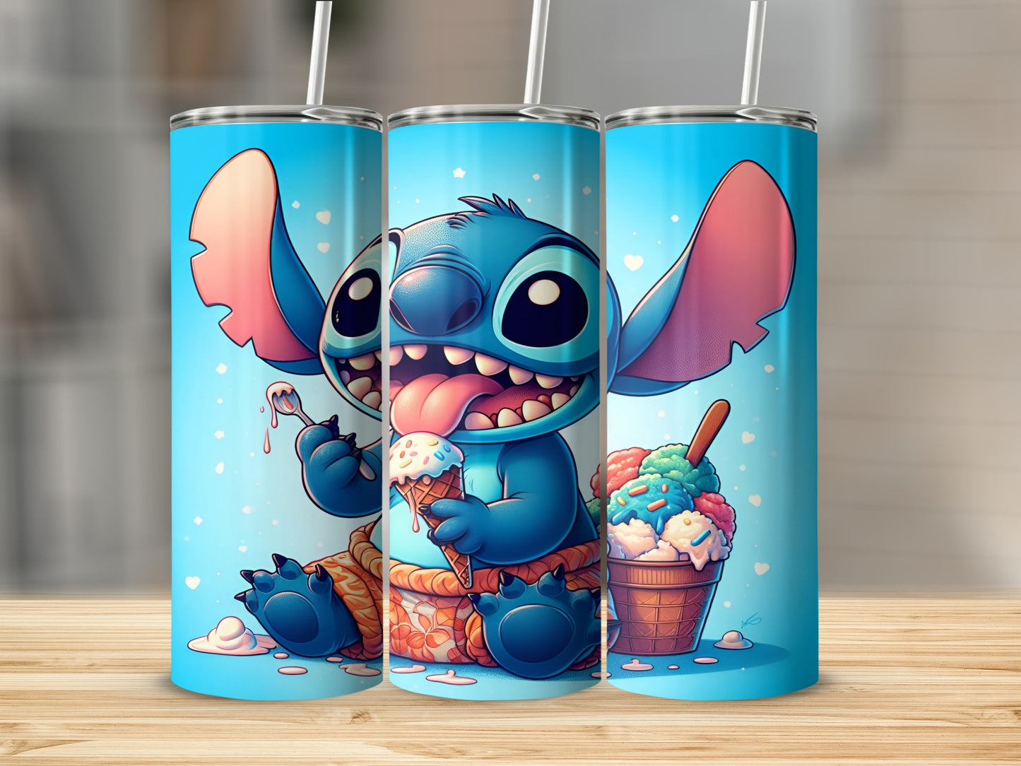 Stitch with ice cream cone and a bowl of ice cream.