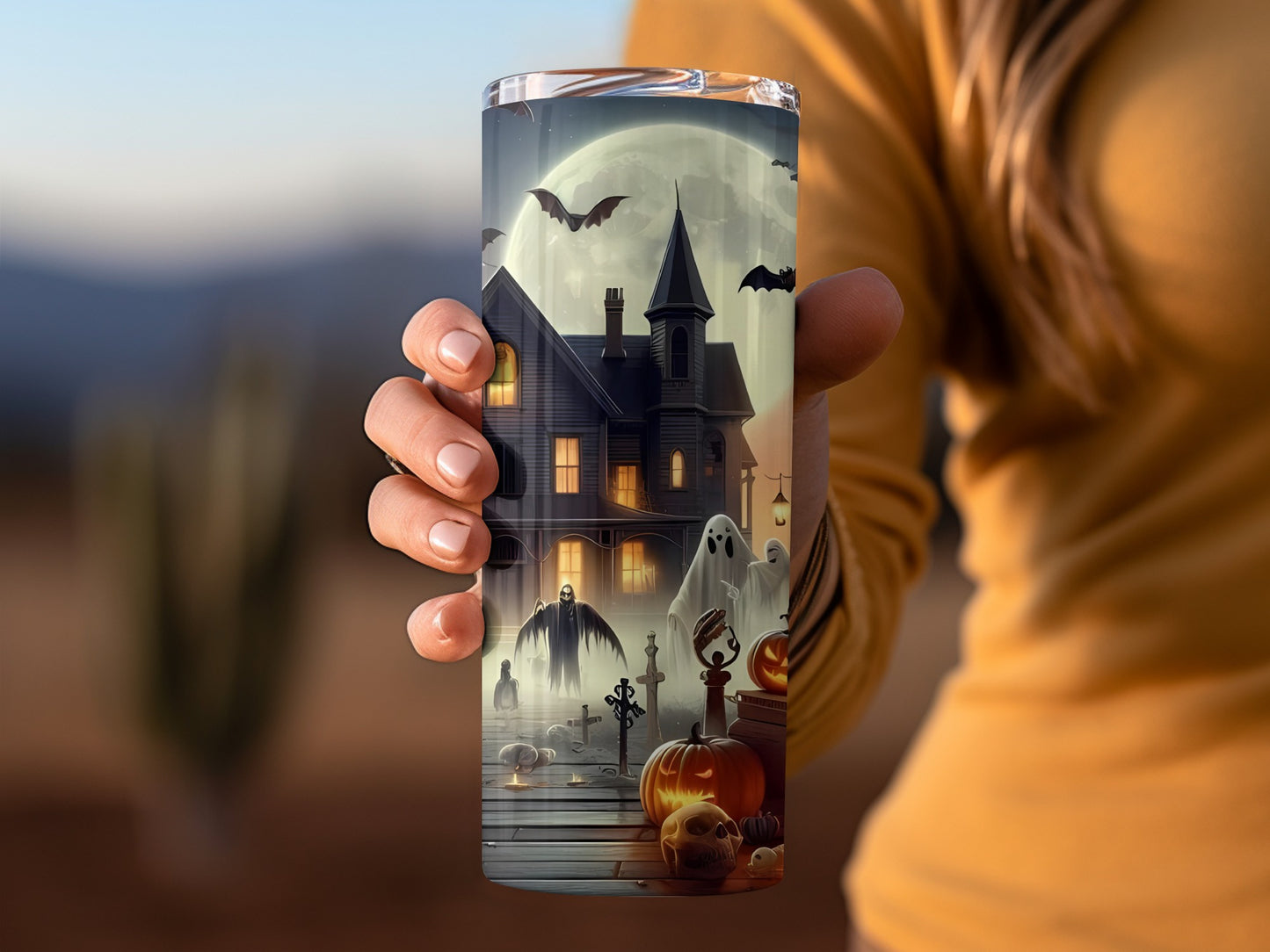 Spooky Halloween Night Scene with Haunted House Tumbler