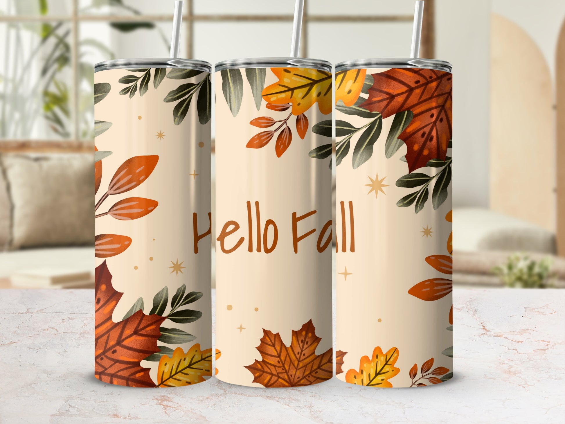 Hello Fall Autumn Leaves Design Tumbler Cup
