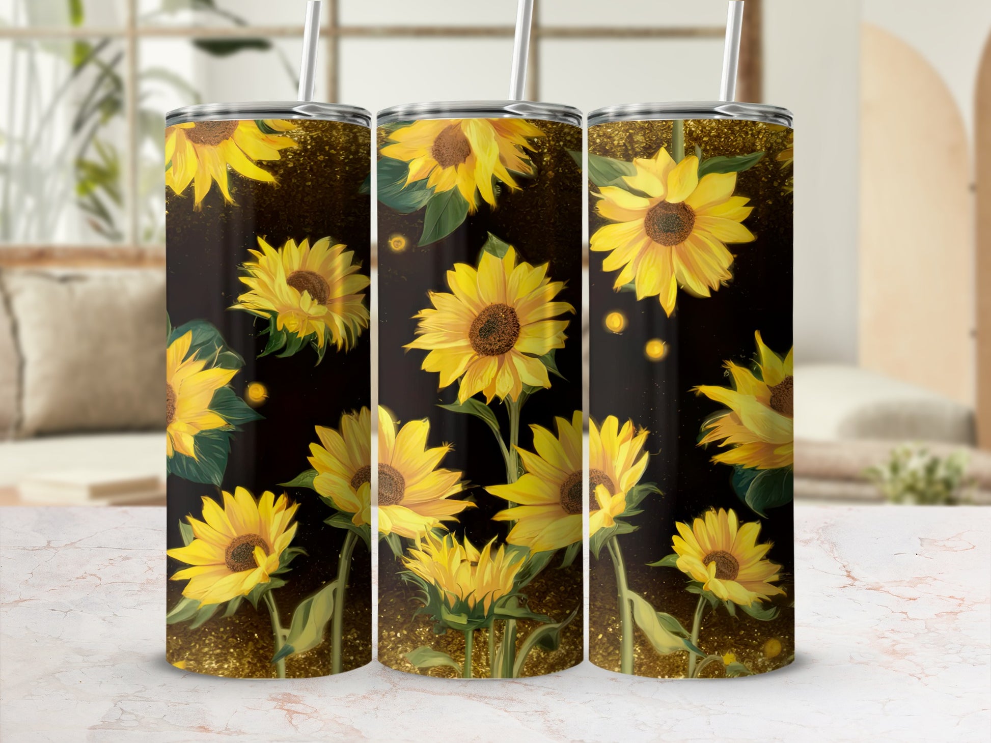 Three tumblers with a dark background and scattered golden glitter, featuring a pattern of bright yellow sunflowers.