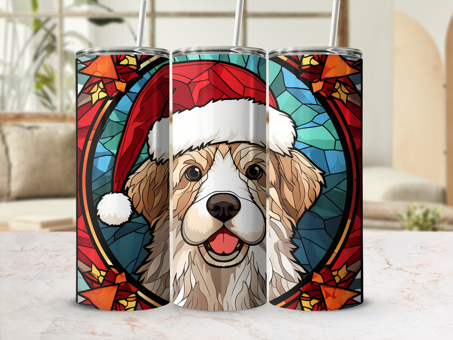 Christmas tumbler with stained glass border and happy dog wearing Santa hat.