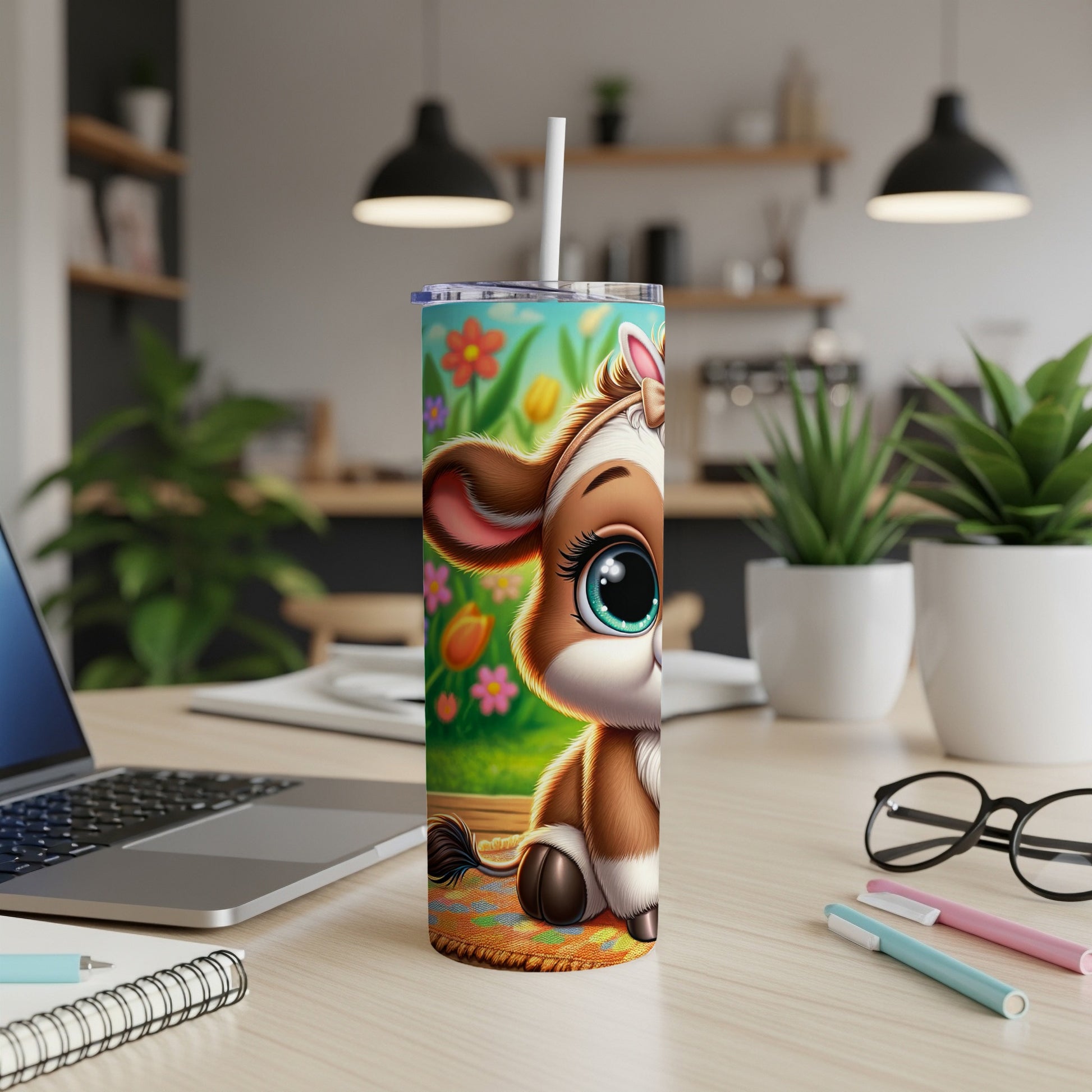 Cute cartoon calf on a tumbler with colorful flowers and grass.