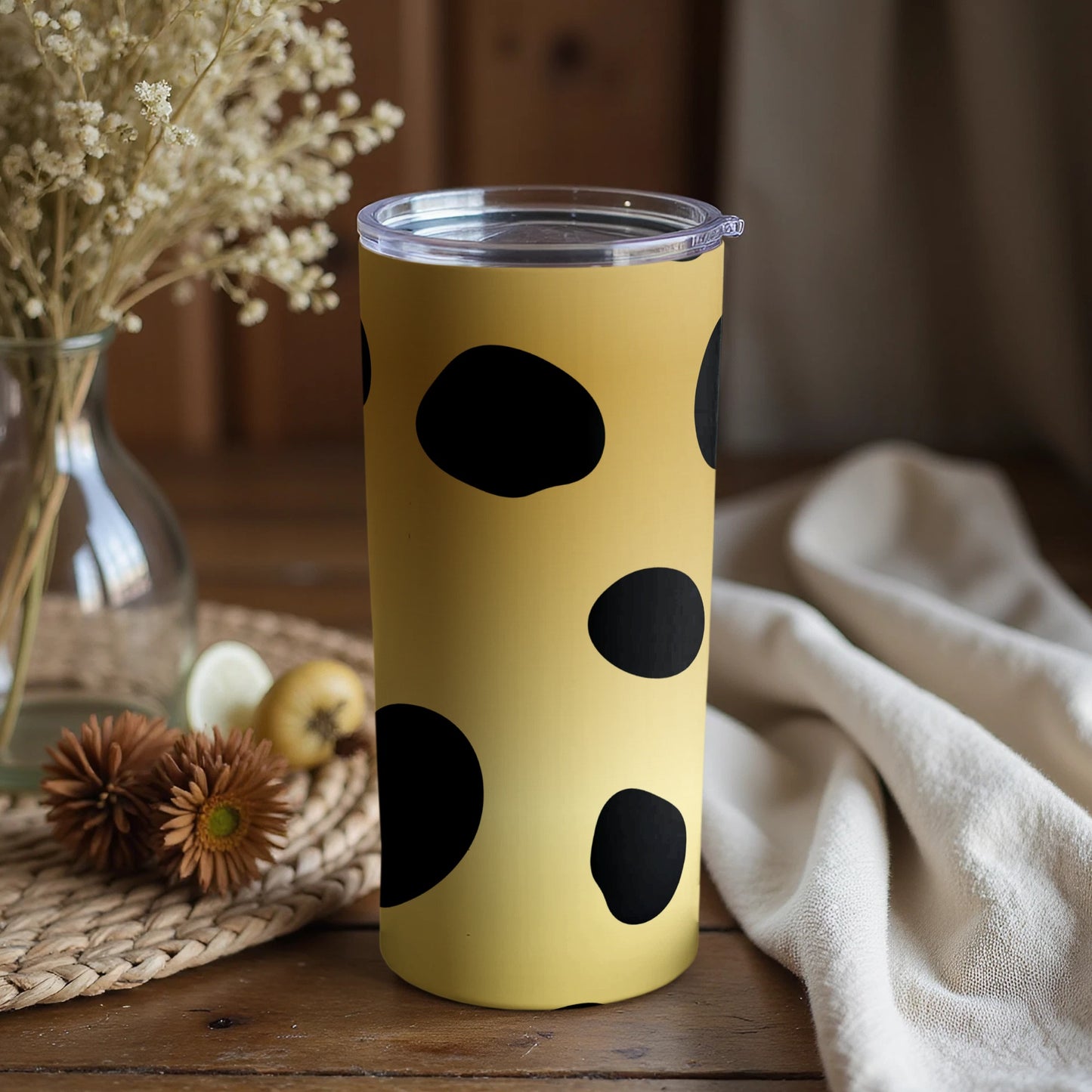 Yellow Tumbler with Black Polka Dots Travel Mug