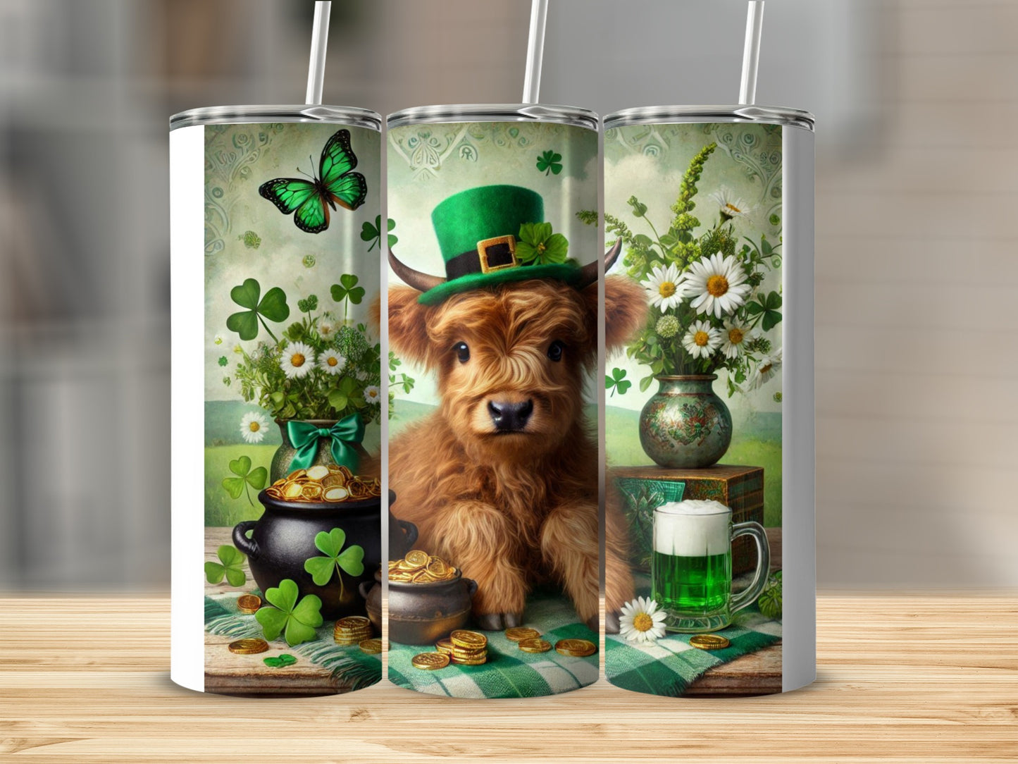St. Patrick's Day Highland cow tumbler with shamrocks, gold coins, and green beer.