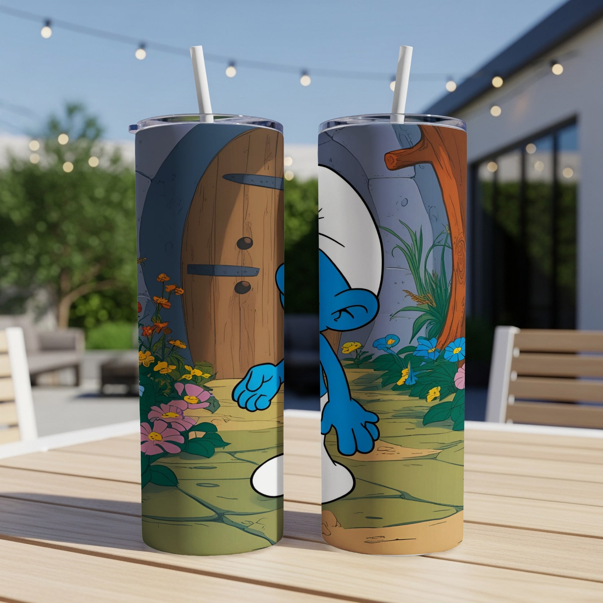 Smurf character in a forest setting, appearing on two matching tumblers.