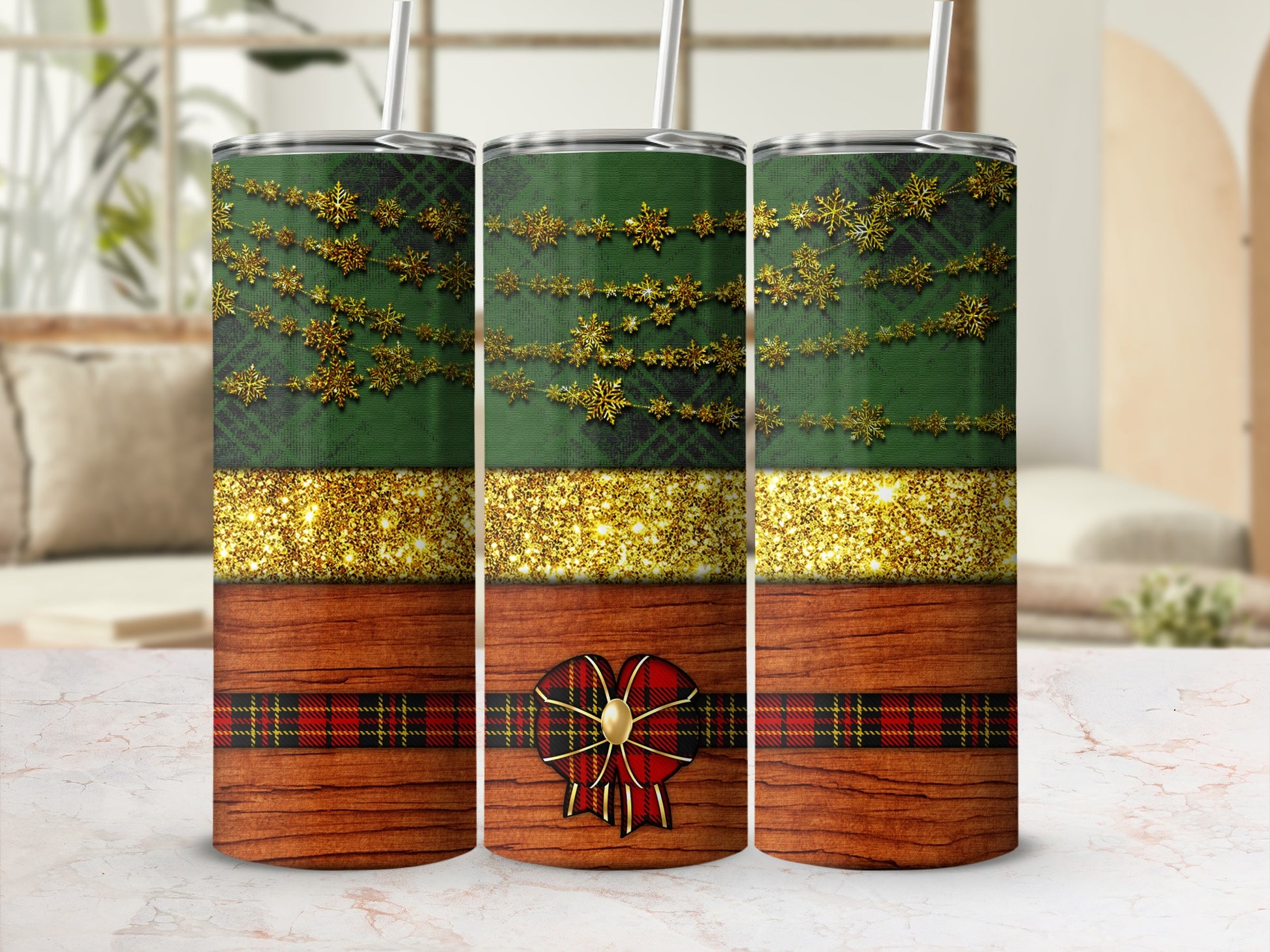 Green plaid tumbler with gold glitter, snowflakes, and plaid bow.