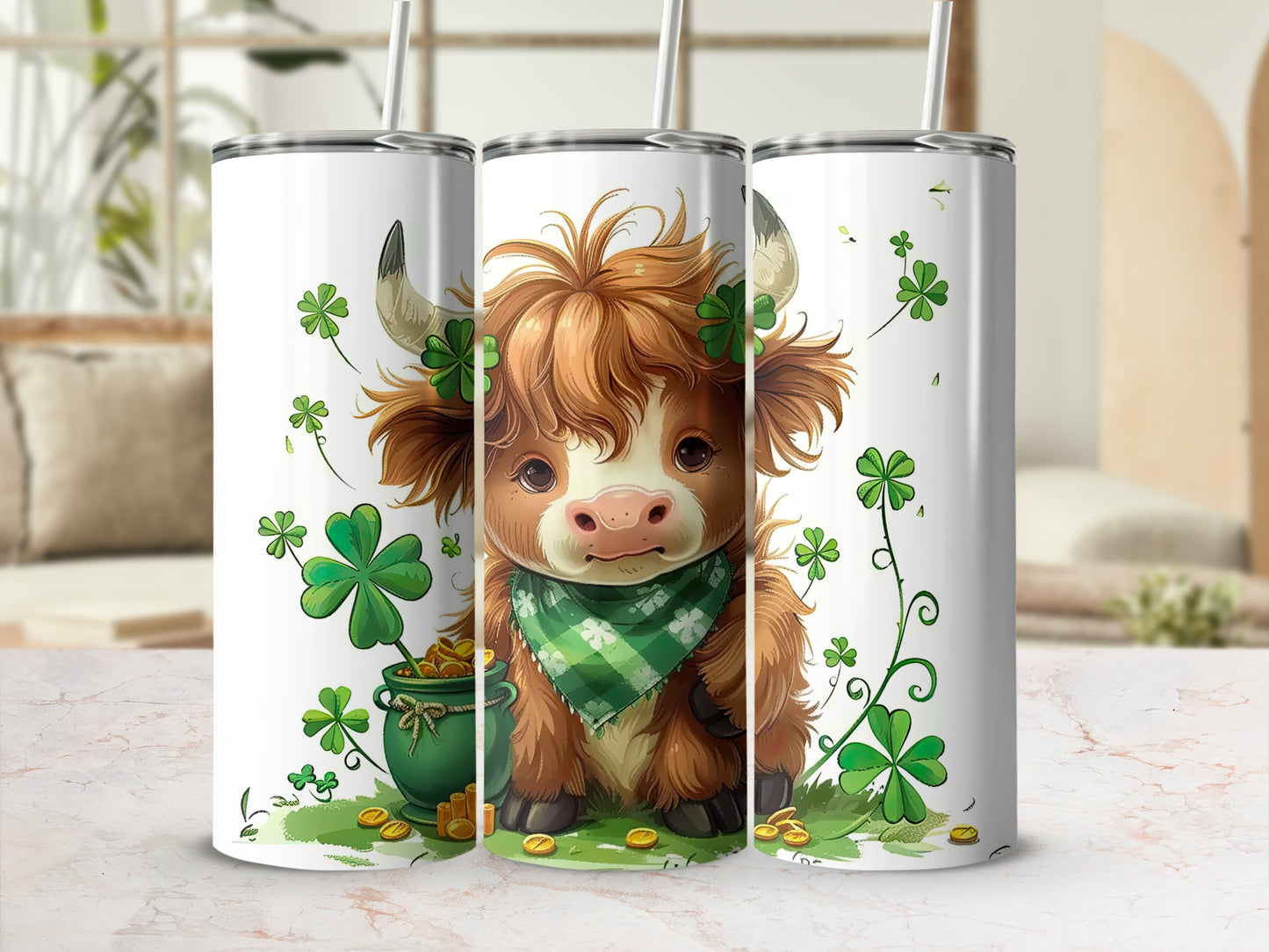 Cute cow with shamrocks and pot of gold on a tumbler.