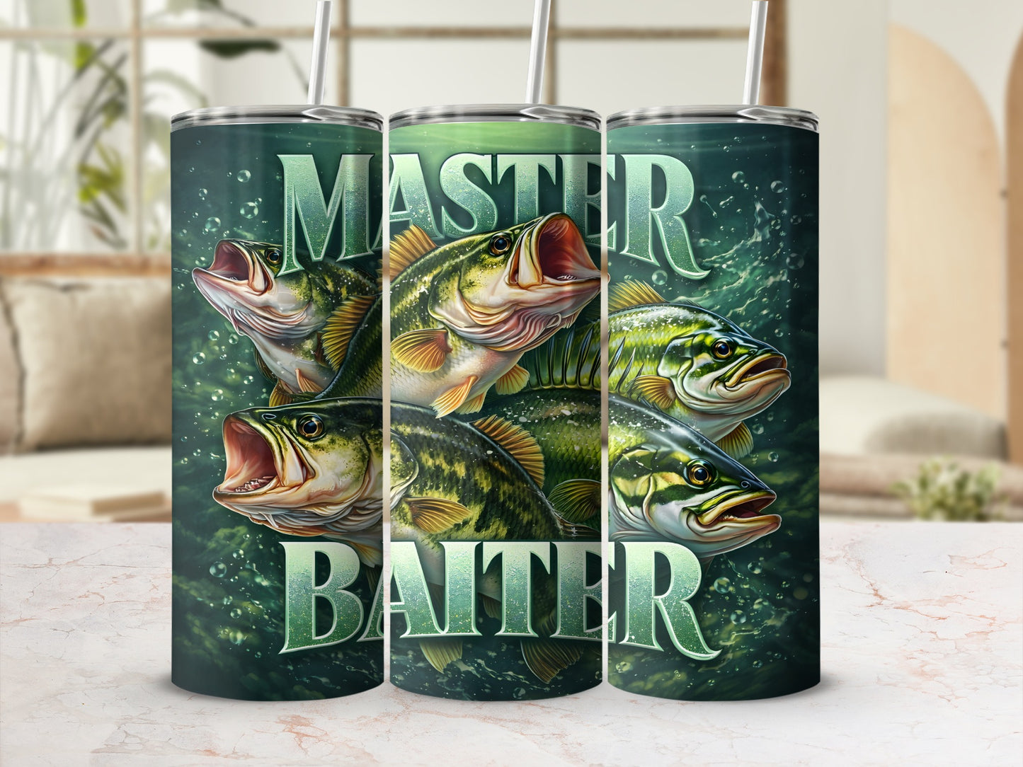 Master Baiter tumbler with five bass fish graphic.