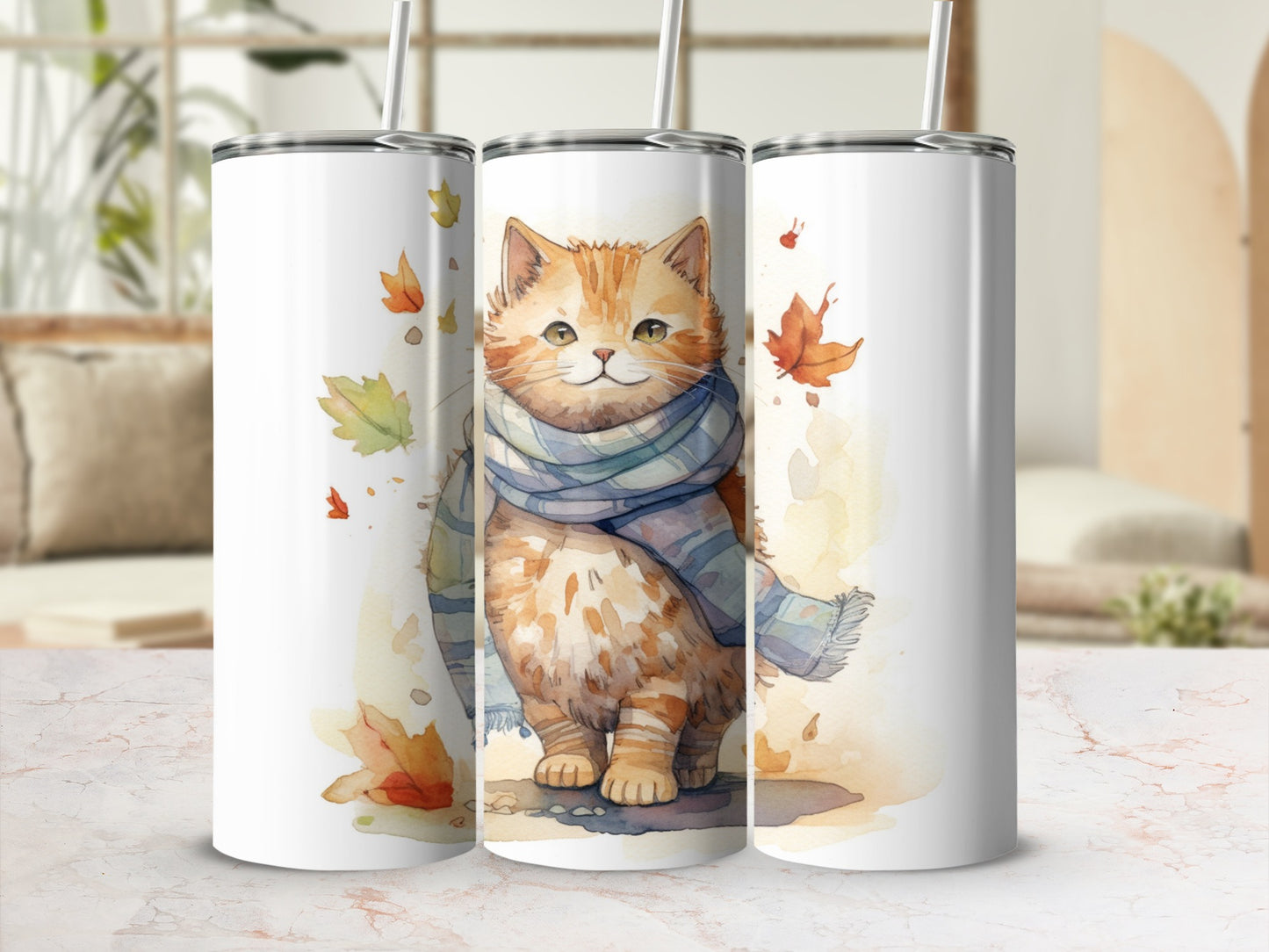 Watercolor tabby cat in a scarf with autumn leaves.