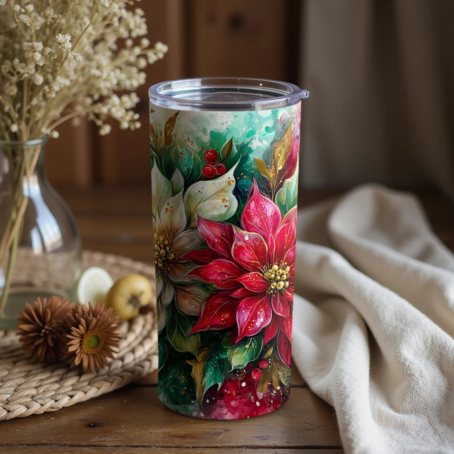 Floral Christmas Art Travel Tumbler 20 oz