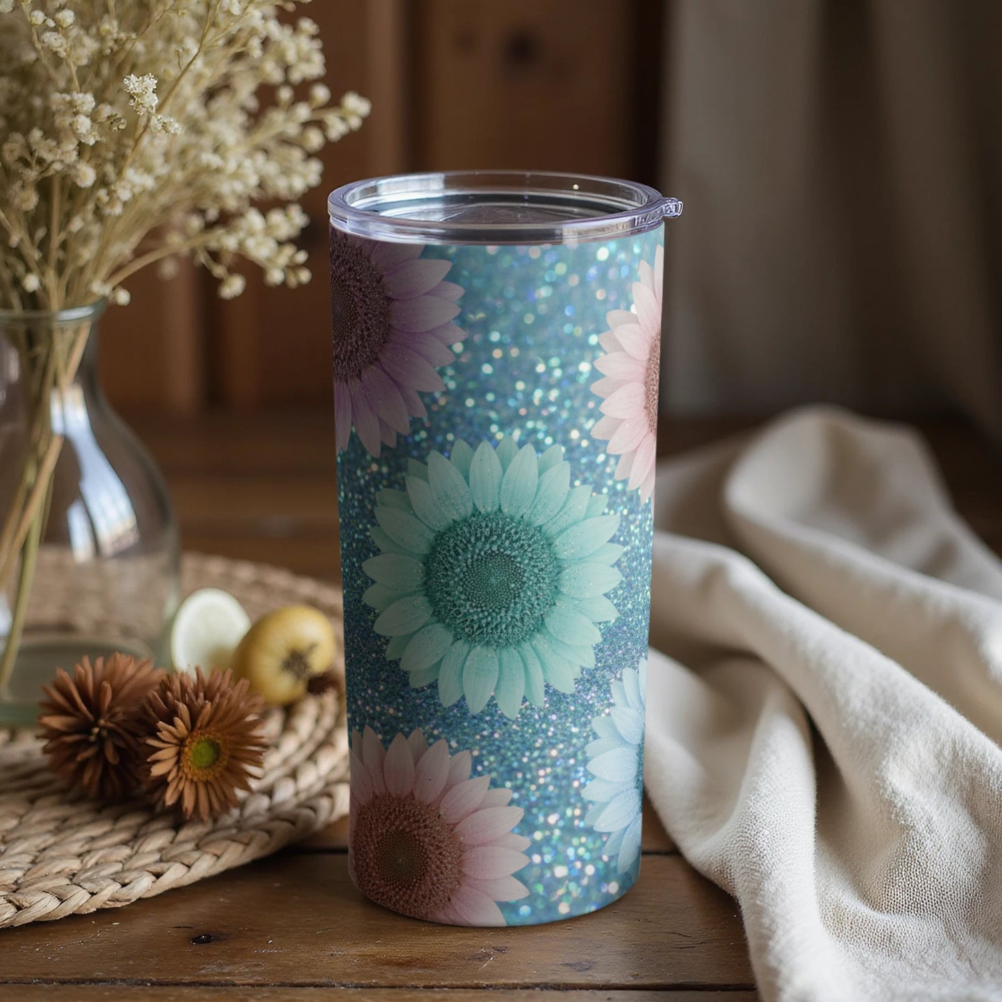Floral Pattern Glitter Tumbler with Sunflower Design