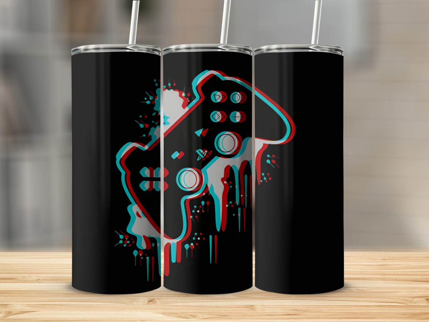 Black tumbler with glitch art video game controller design.