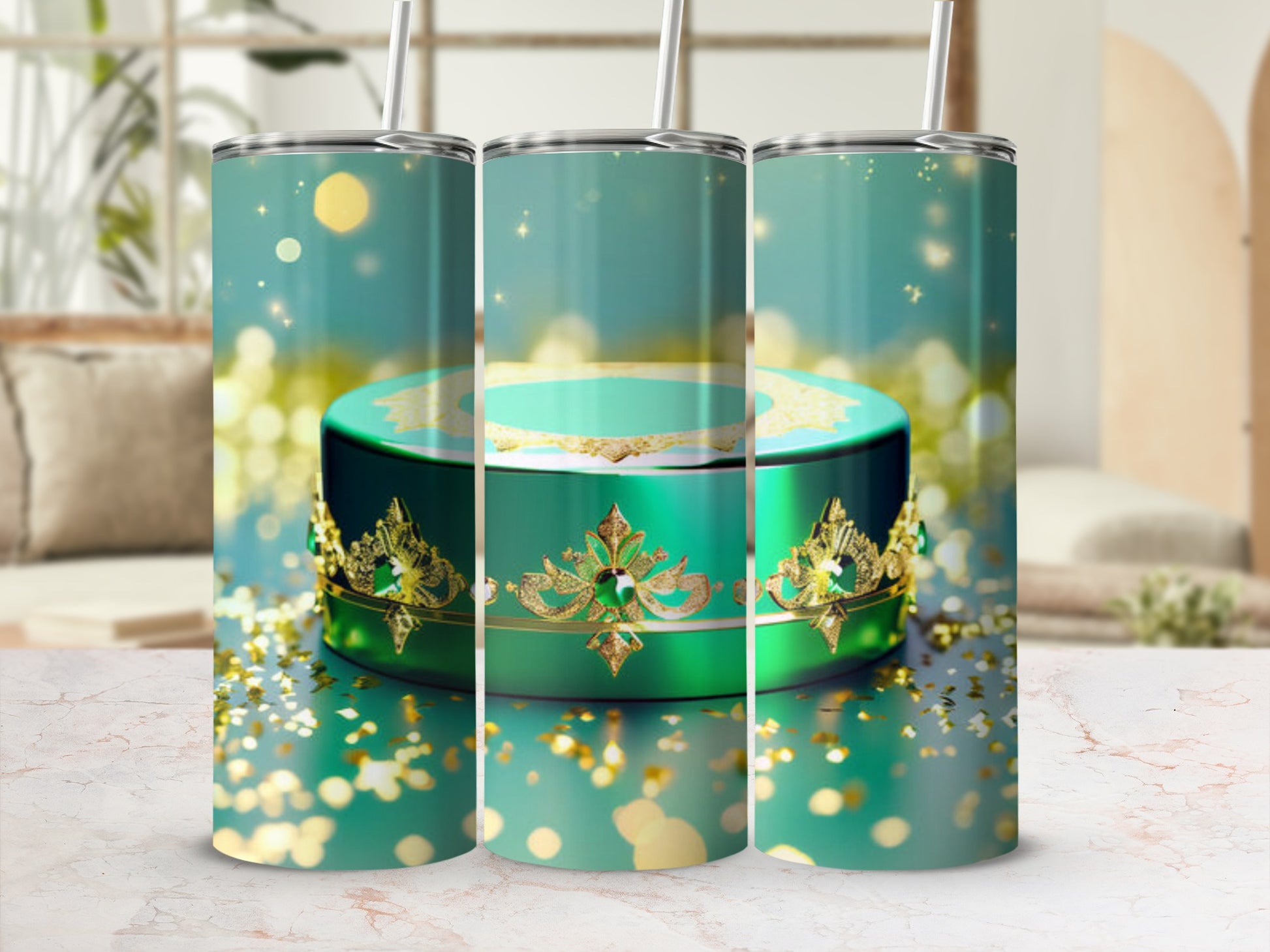 Green decorative tin with gold trim and scattered confetti.