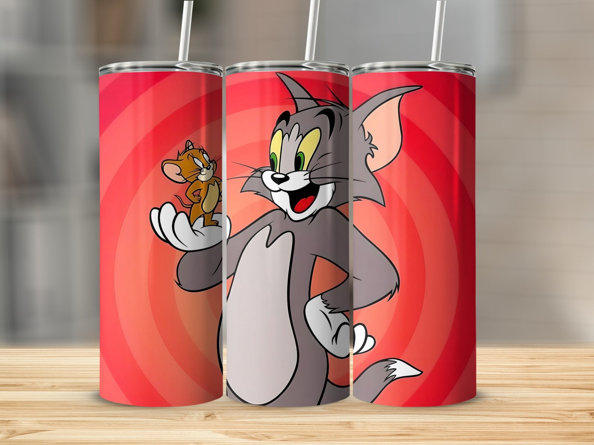 Cartoon Cat and Mouse Red Background Tumbler