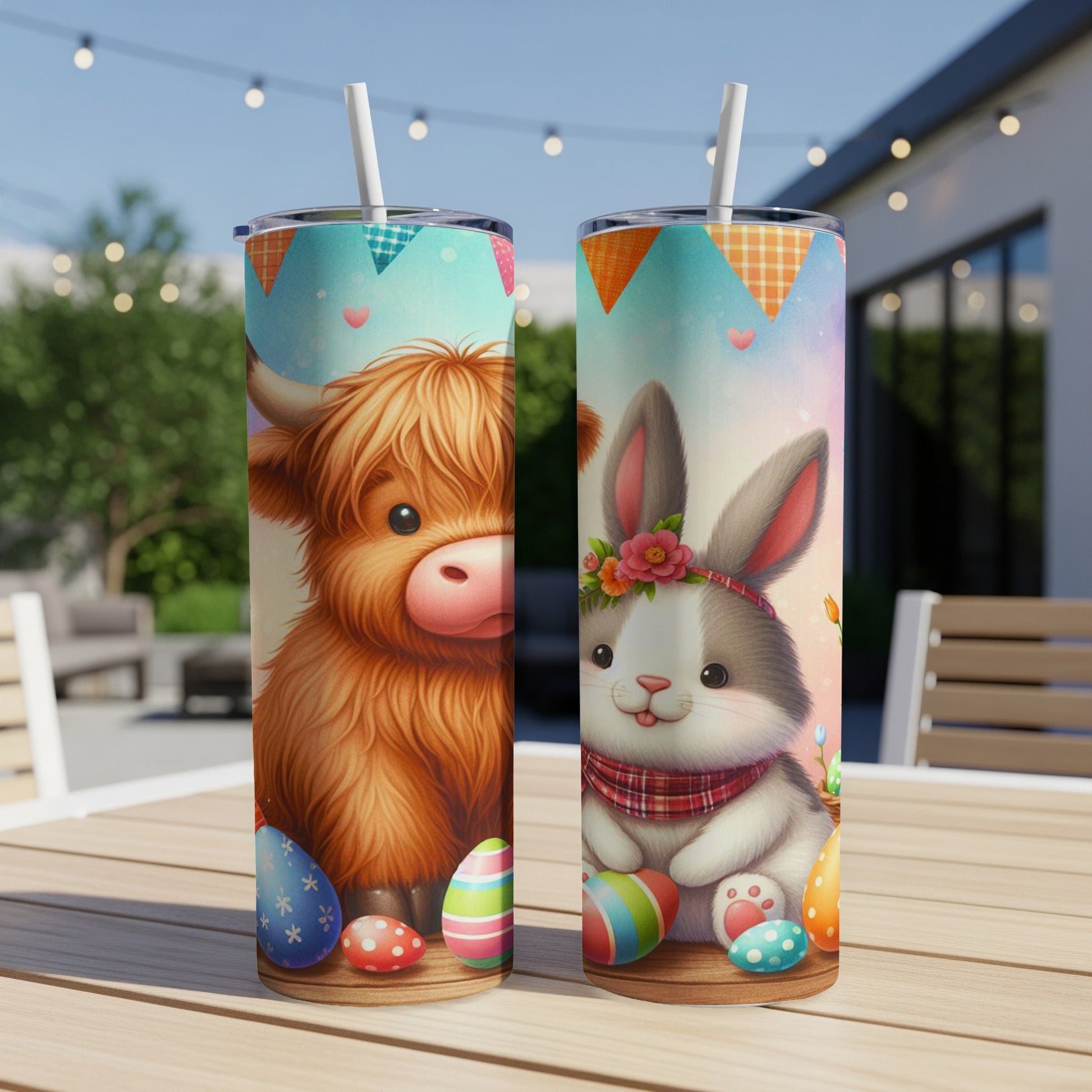 Easter bunny and Highland cow design on two tumblers with painted eggs.