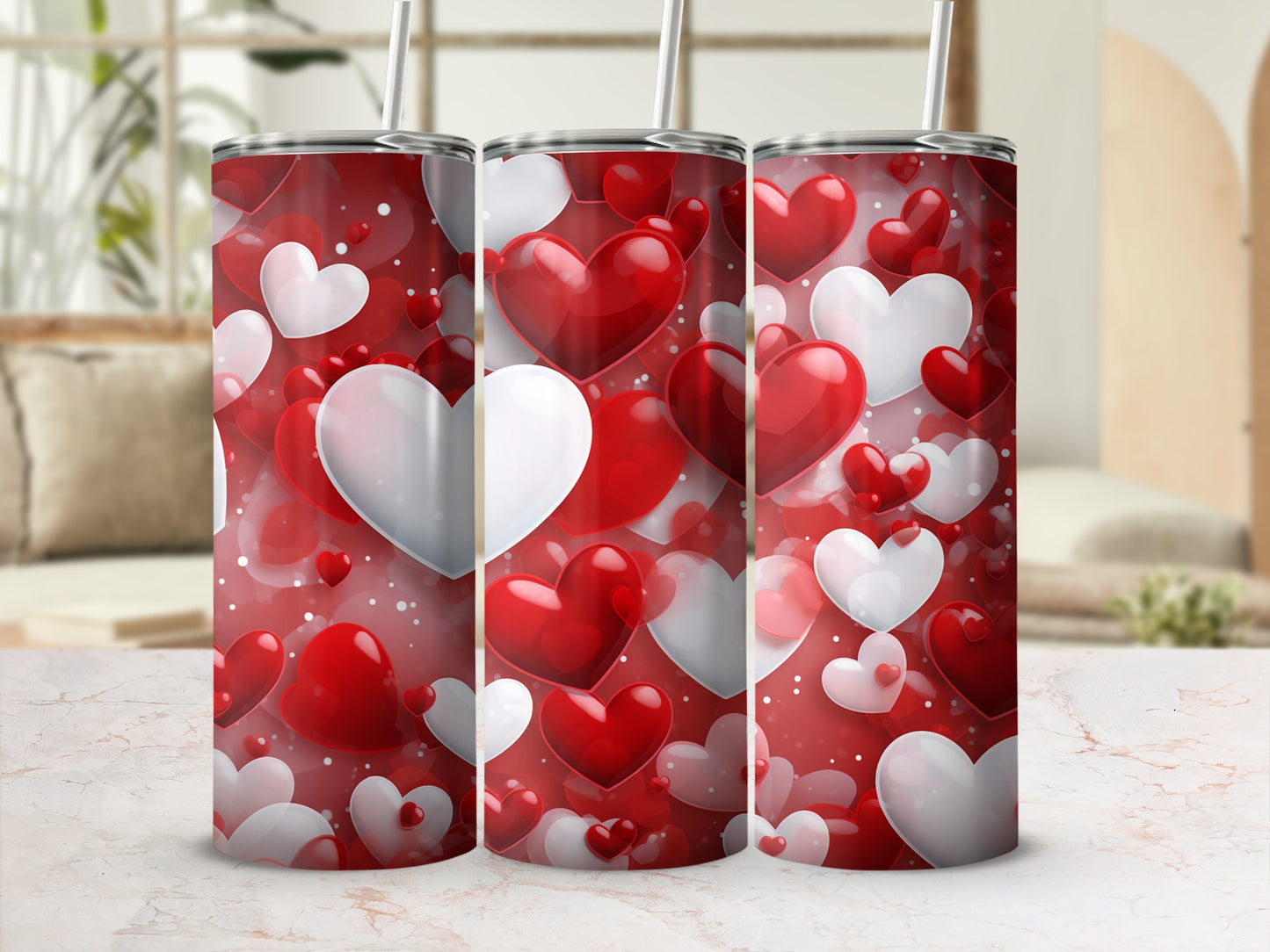 Red and White Hearts Pattern Insulated Tumblr