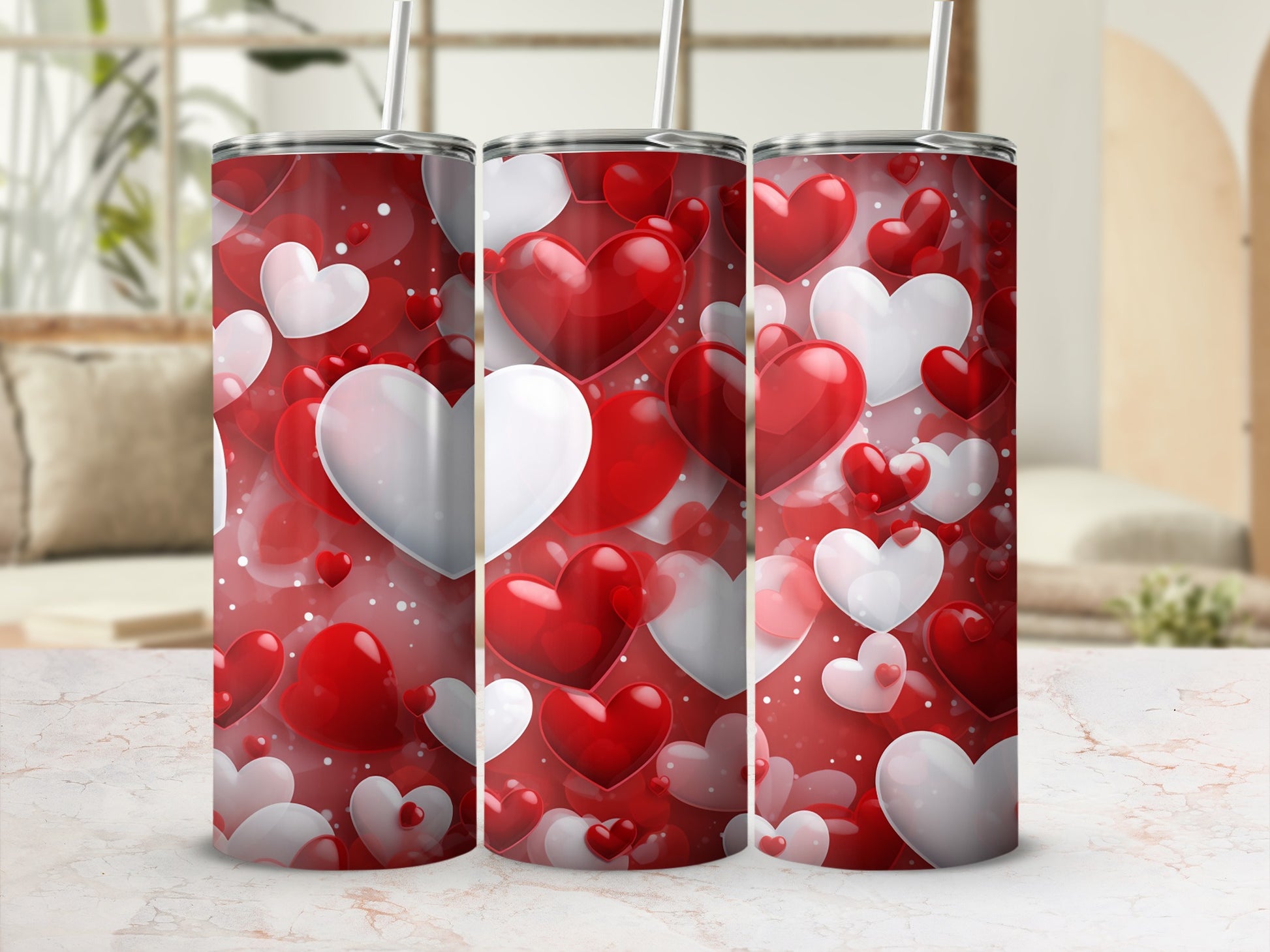 Red and White Hearts Pattern Insulated Tumblr