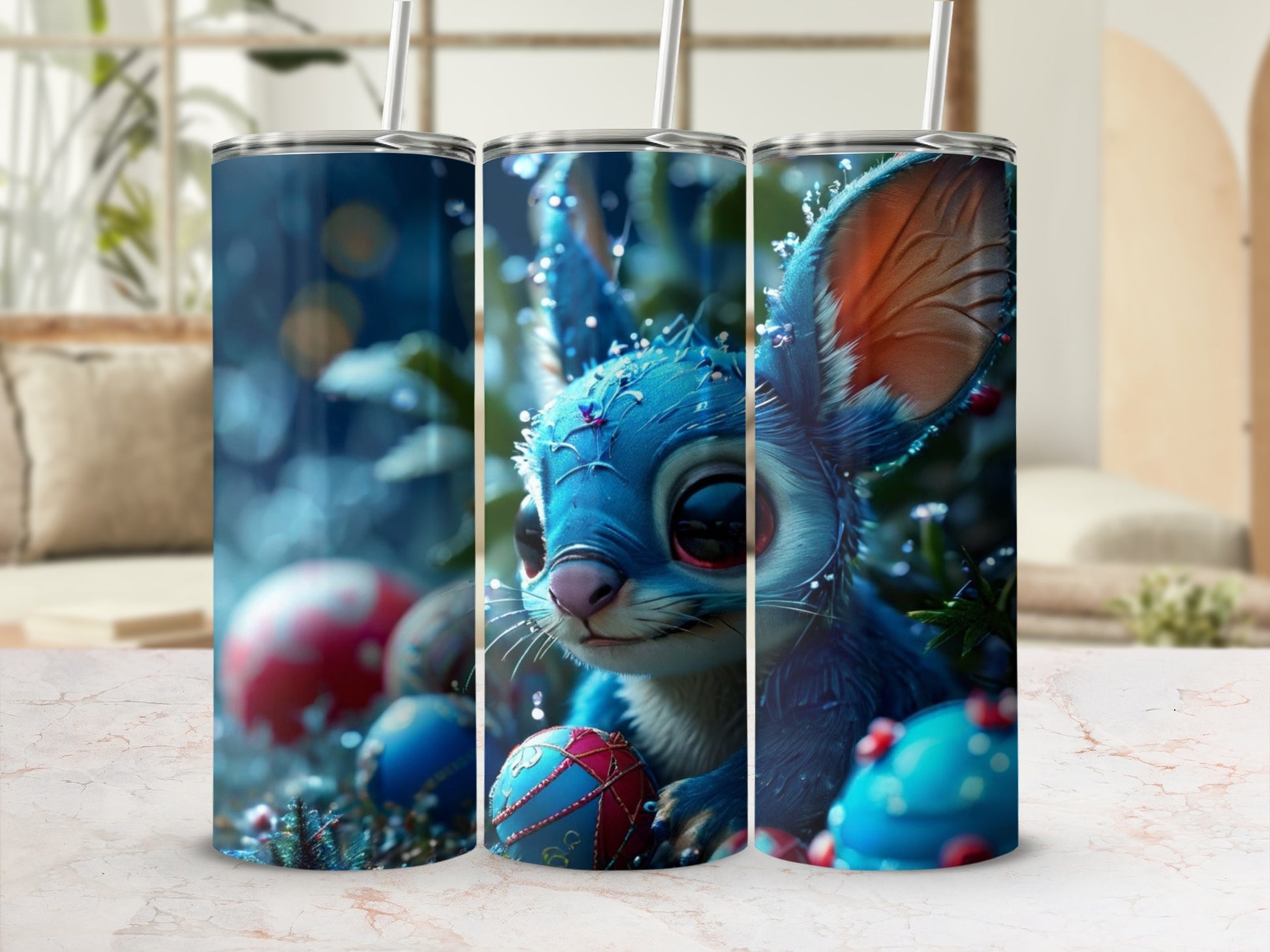 Blue alien character with big eyes on a festive tumbler with ornaments.
